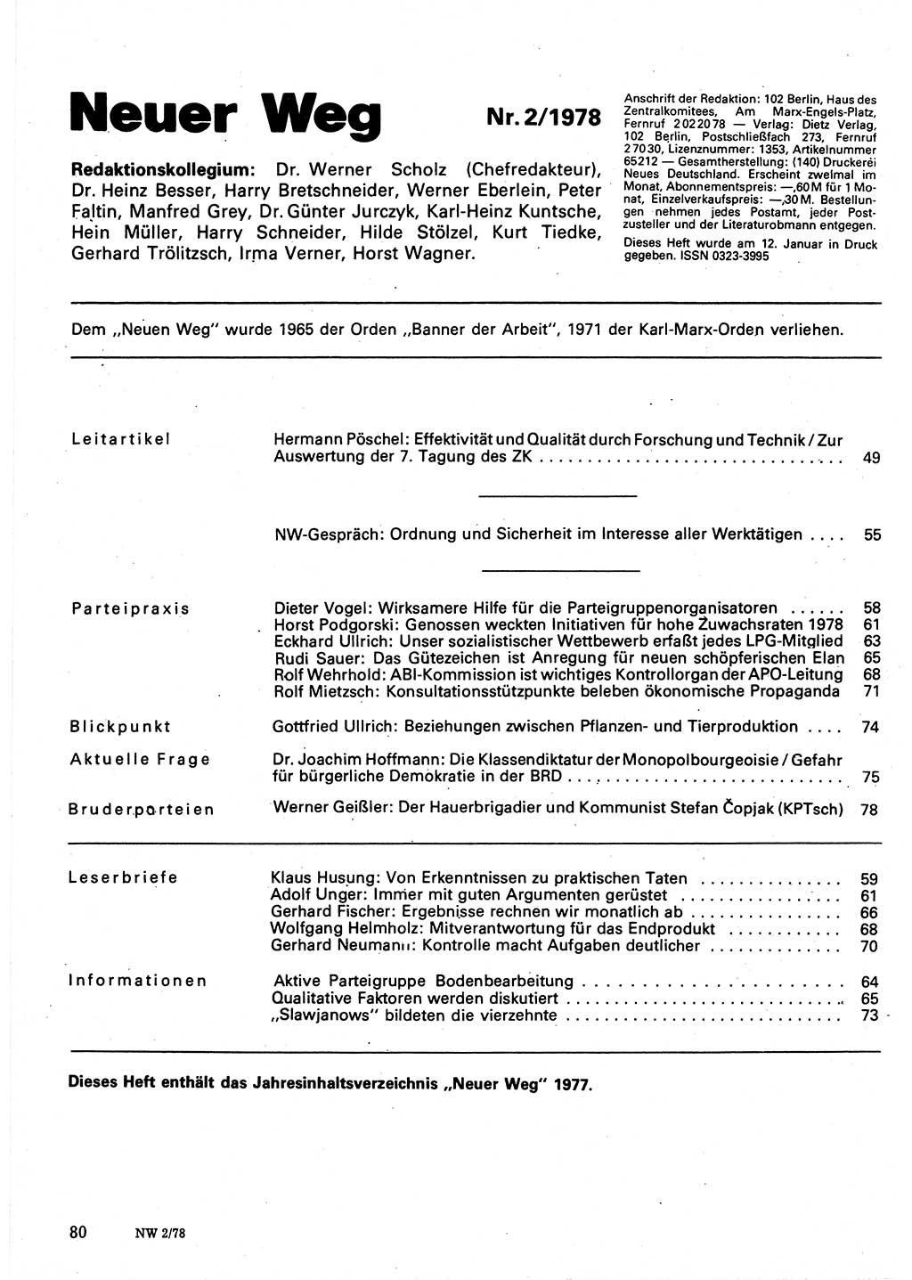 Neuer Weg (NW), Organ des Zentralkomitees (ZK) der SED (Sozialistische Einheitspartei Deutschlands) für Fragen des Parteilebens, 33. Jahrgang [Deutsche Demokratische Republik (DDR)] 1978, Seite 80 (NW ZK SED DDR 1978, S. 80)
