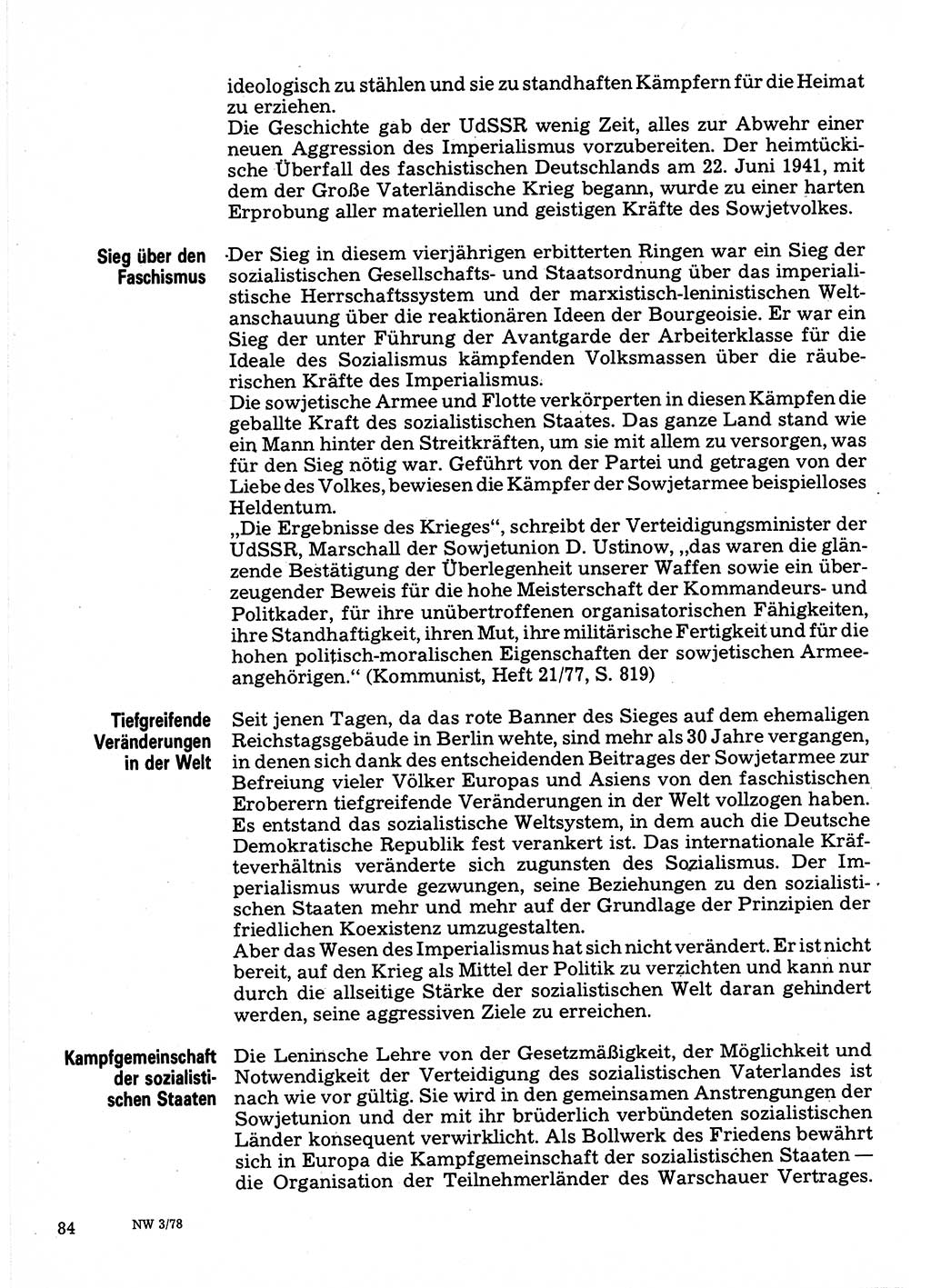 Neuer Weg (NW), Organ des Zentralkomitees (ZK) der SED (Sozialistische Einheitspartei Deutschlands) für Fragen des Parteilebens, 33. Jahrgang [Deutsche Demokratische Republik (DDR)] 1978, Seite 84 (NW ZK SED DDR 1978, S. 84)