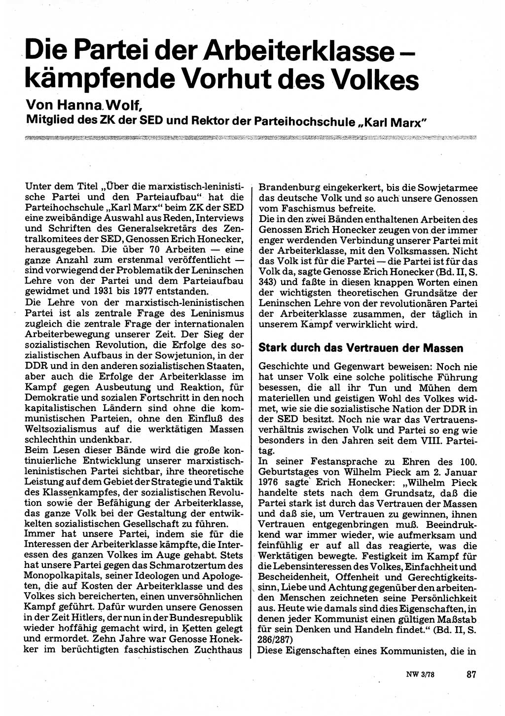 Neuer Weg (NW), Organ des Zentralkomitees (ZK) der SED (Sozialistische Einheitspartei Deutschlands) für Fragen des Parteilebens, 33. Jahrgang [Deutsche Demokratische Republik (DDR)] 1978, Seite 87 (NW ZK SED DDR 1978, S. 87)