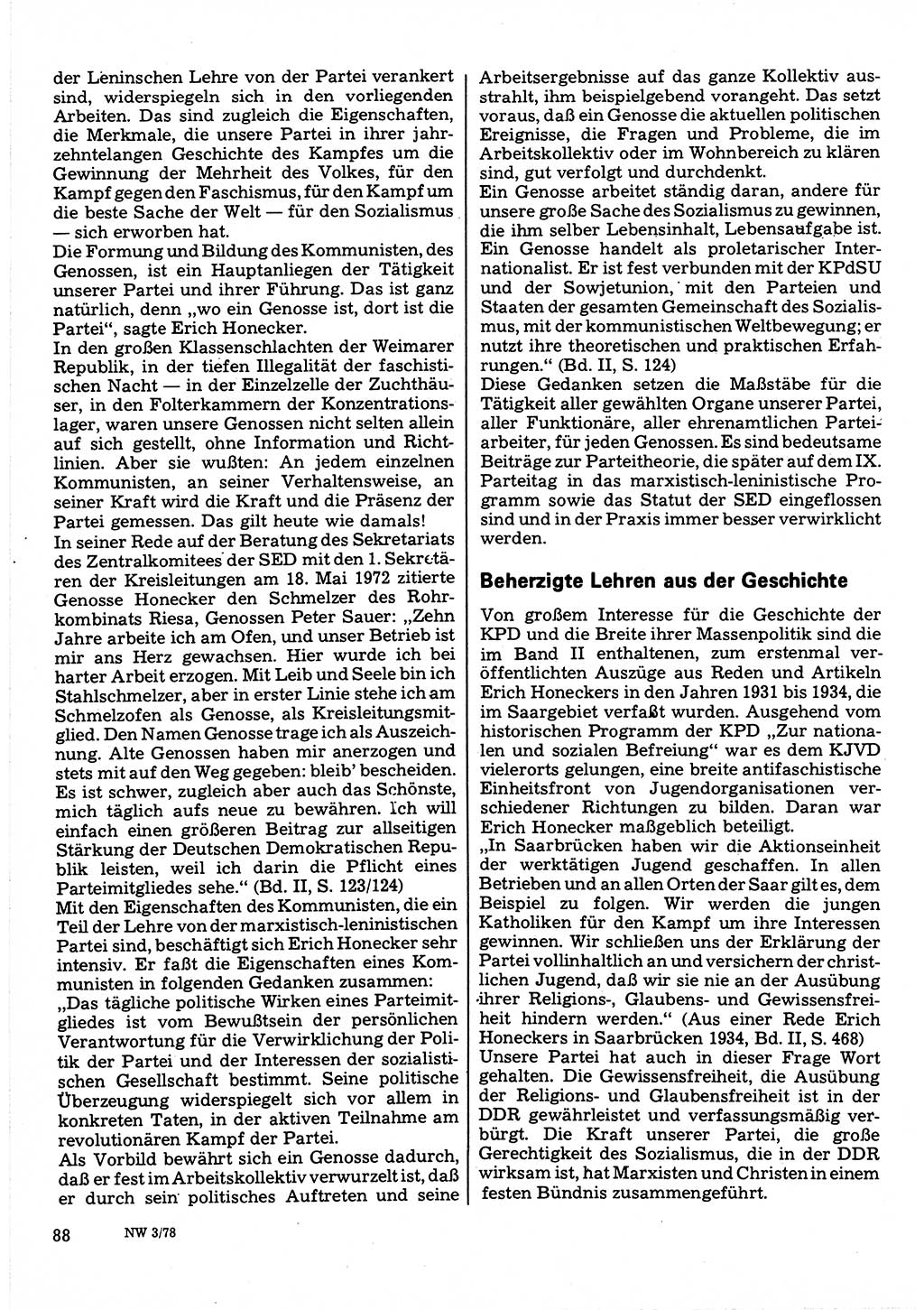 Neuer Weg (NW), Organ des Zentralkomitees (ZK) der SED (Sozialistische Einheitspartei Deutschlands) für Fragen des Parteilebens, 33. Jahrgang [Deutsche Demokratische Republik (DDR)] 1978, Seite 88 (NW ZK SED DDR 1978, S. 88)