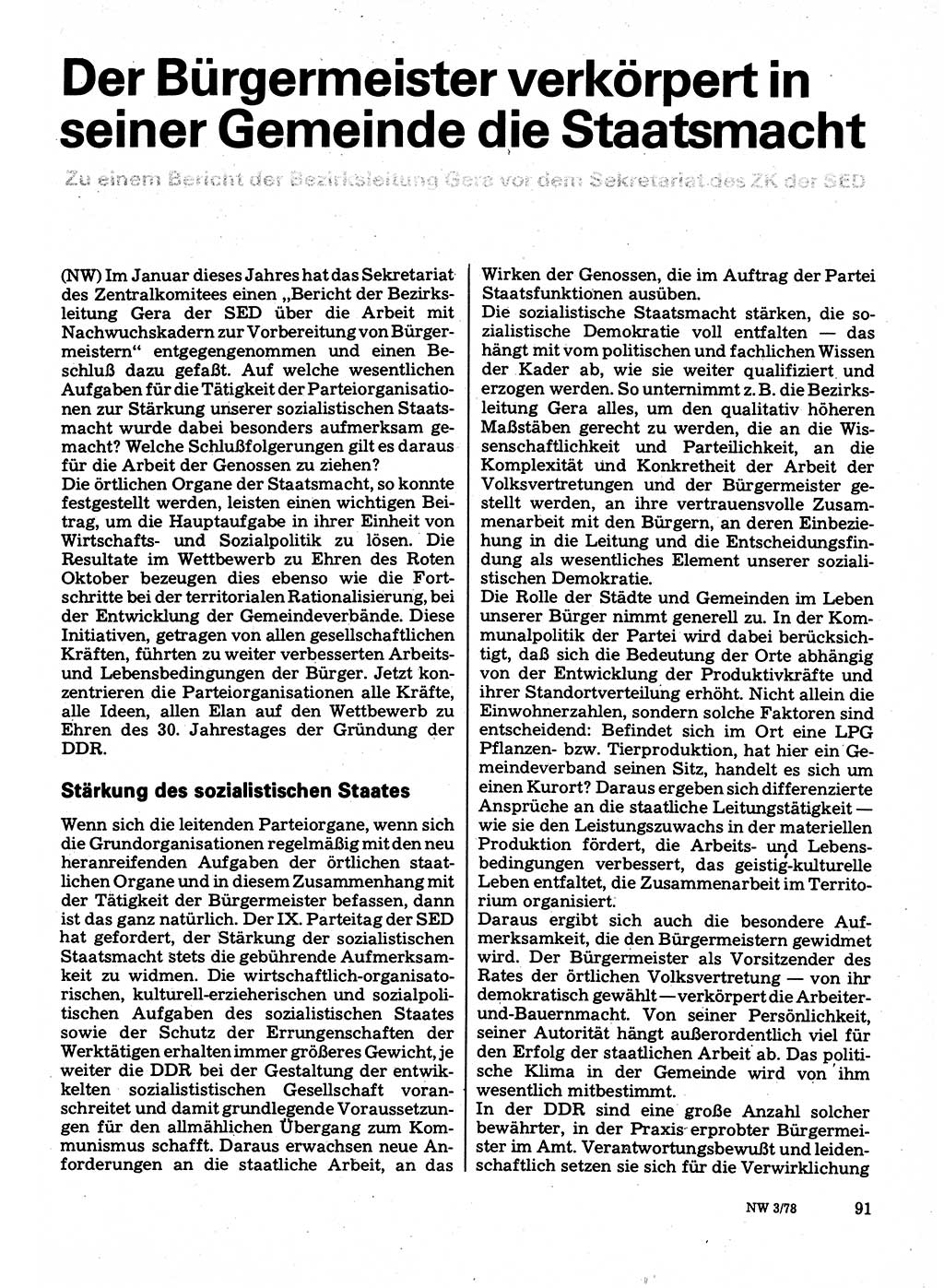 Neuer Weg (NW), Organ des Zentralkomitees (ZK) der SED (Sozialistische Einheitspartei Deutschlands) für Fragen des Parteilebens, 33. Jahrgang [Deutsche Demokratische Republik (DDR)] 1978, Seite 91 (NW ZK SED DDR 1978, S. 91)