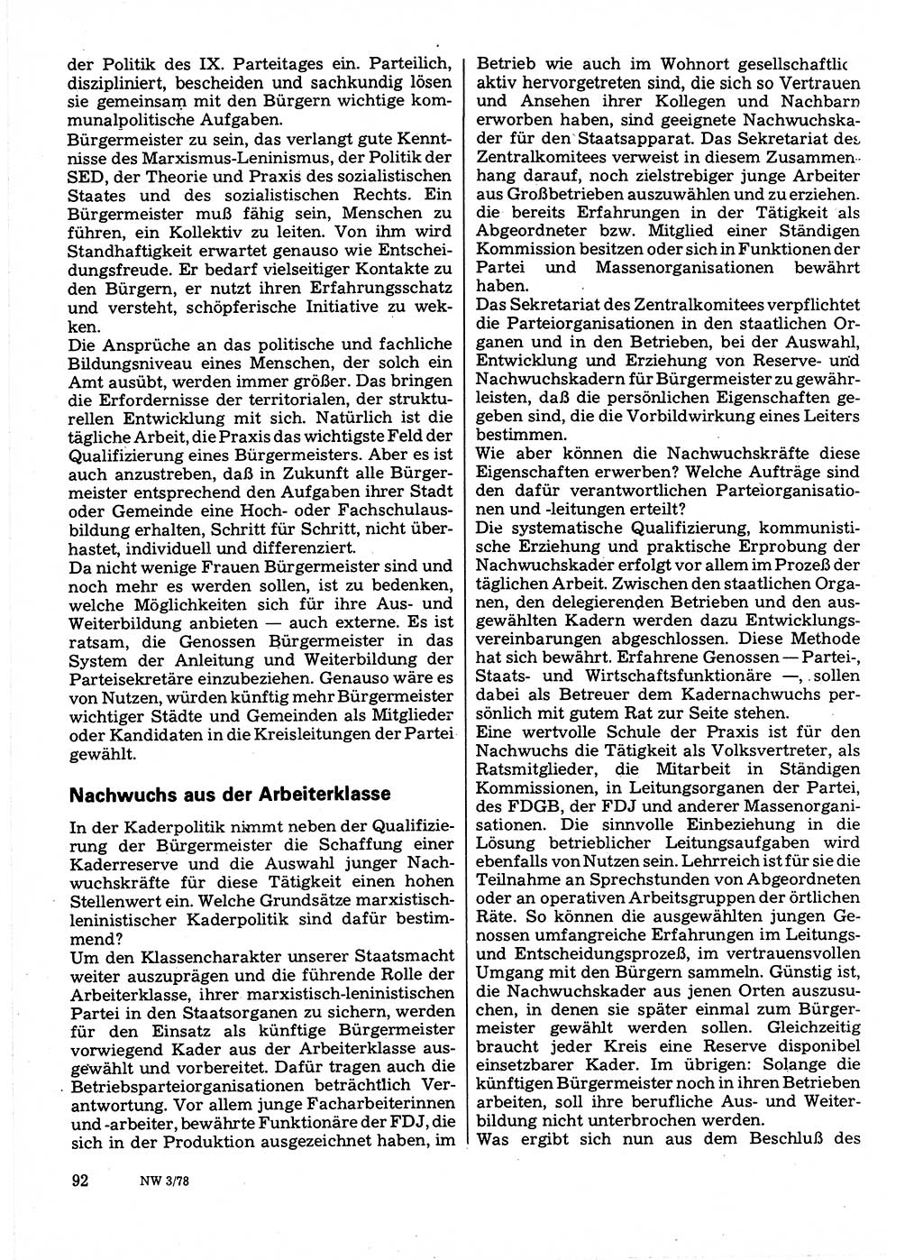 Neuer Weg (NW), Organ des Zentralkomitees (ZK) der SED (Sozialistische Einheitspartei Deutschlands) für Fragen des Parteilebens, 33. Jahrgang [Deutsche Demokratische Republik (DDR)] 1978, Seite 92 (NW ZK SED DDR 1978, S. 92)
