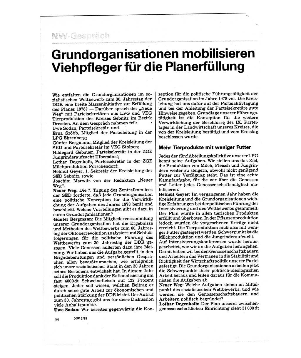 Neuer Weg (NW), Organ des Zentralkomitees (ZK) der SED (Sozialistische Einheitspartei Deutschlands) für Fragen des Parteilebens, 33. Jahrgang [Deutsche Demokratische Republik (DDR)] 1978, Seite 94 (NW ZK SED DDR 1978, S. 94)