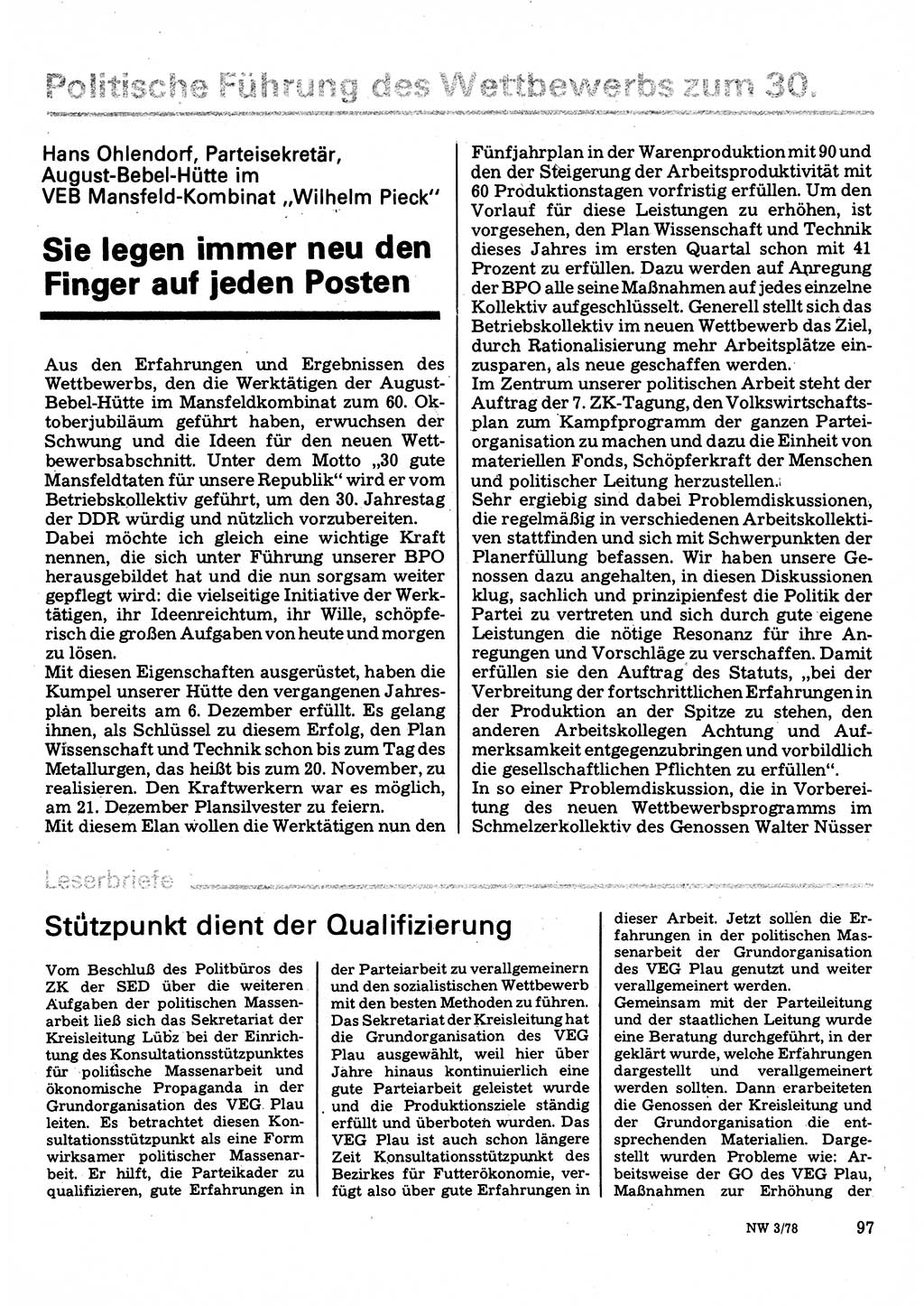 Neuer Weg (NW), Organ des Zentralkomitees (ZK) der SED (Sozialistische Einheitspartei Deutschlands) für Fragen des Parteilebens, 33. Jahrgang [Deutsche Demokratische Republik (DDR)] 1978, Seite 97 (NW ZK SED DDR 1978, S. 97)