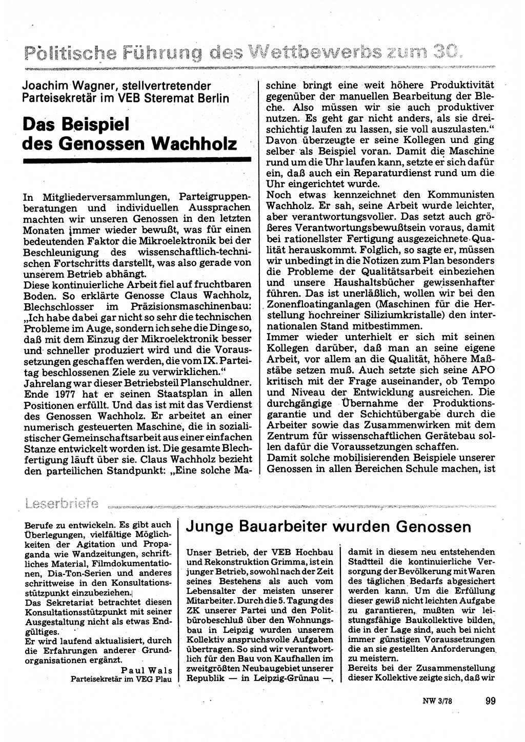 Neuer Weg (NW), Organ des Zentralkomitees (ZK) der SED (Sozialistische Einheitspartei Deutschlands) für Fragen des Parteilebens, 33. Jahrgang [Deutsche Demokratische Republik (DDR)] 1978, Seite 99 (NW ZK SED DDR 1978, S. 99)