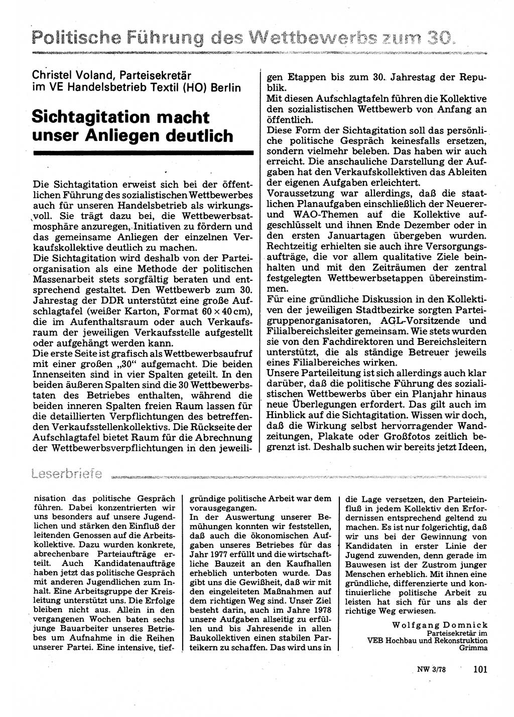 Neuer Weg (NW), Organ des Zentralkomitees (ZK) der SED (Sozialistische Einheitspartei Deutschlands) für Fragen des Parteilebens, 33. Jahrgang [Deutsche Demokratische Republik (DDR)] 1978, Seite 101 (NW ZK SED DDR 1978, S. 101)