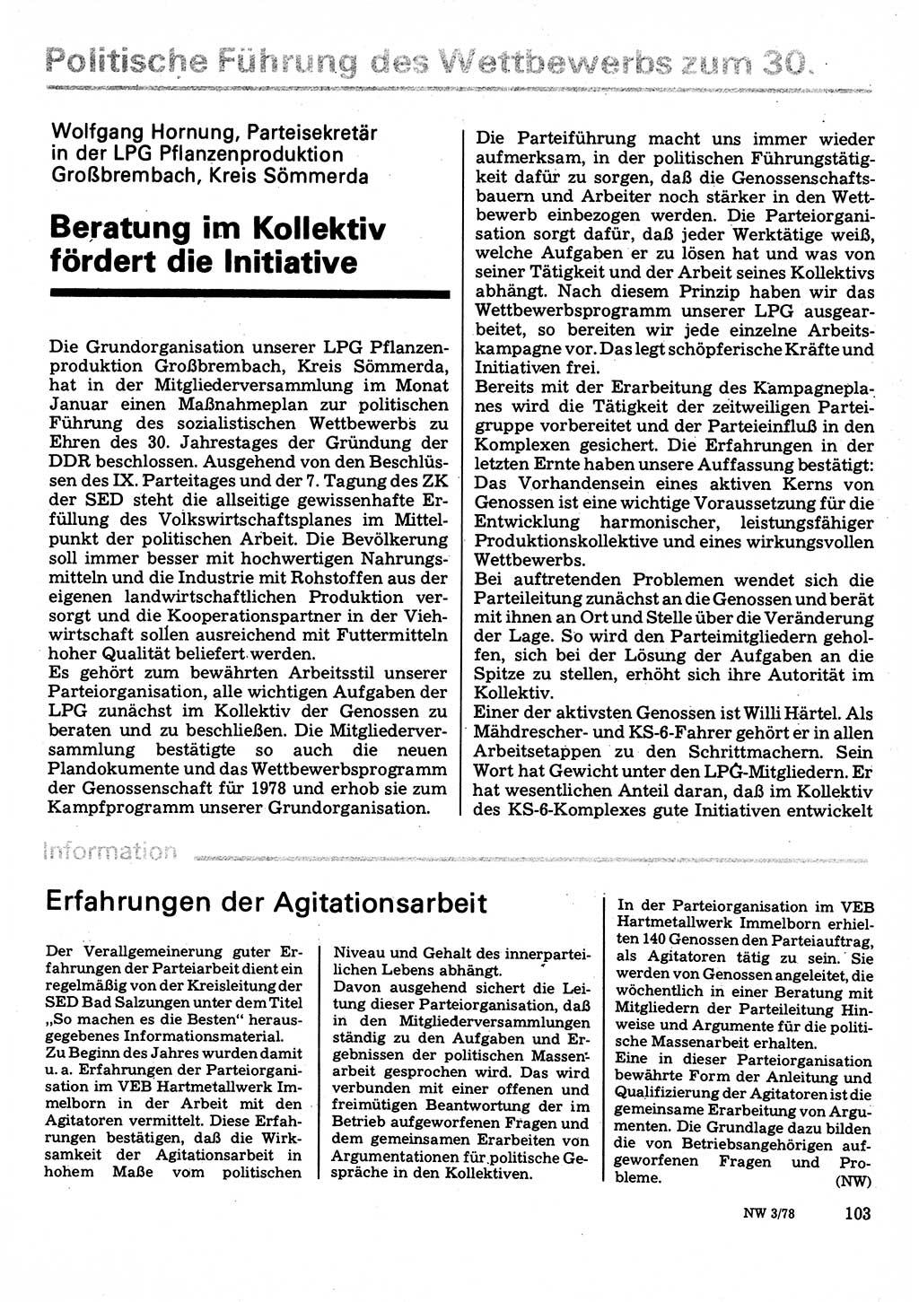 Neuer Weg (NW), Organ des Zentralkomitees (ZK) der SED (Sozialistische Einheitspartei Deutschlands) für Fragen des Parteilebens, 33. Jahrgang [Deutsche Demokratische Republik (DDR)] 1978, Seite 103 (NW ZK SED DDR 1978, S. 103)