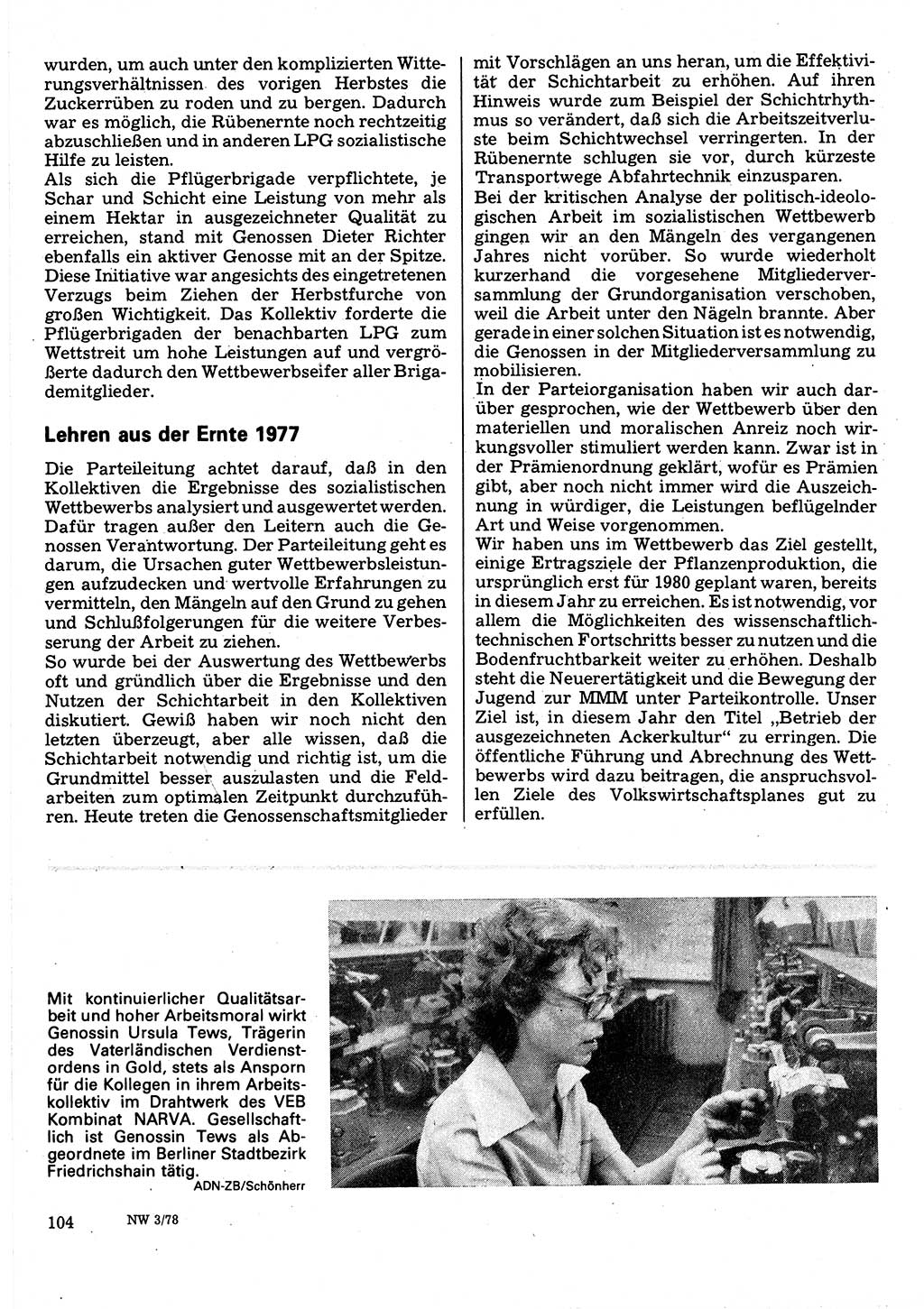 Neuer Weg (NW), Organ des Zentralkomitees (ZK) der SED (Sozialistische Einheitspartei Deutschlands) für Fragen des Parteilebens, 33. Jahrgang [Deutsche Demokratische Republik (DDR)] 1978, Seite 104 (NW ZK SED DDR 1978, S. 104)