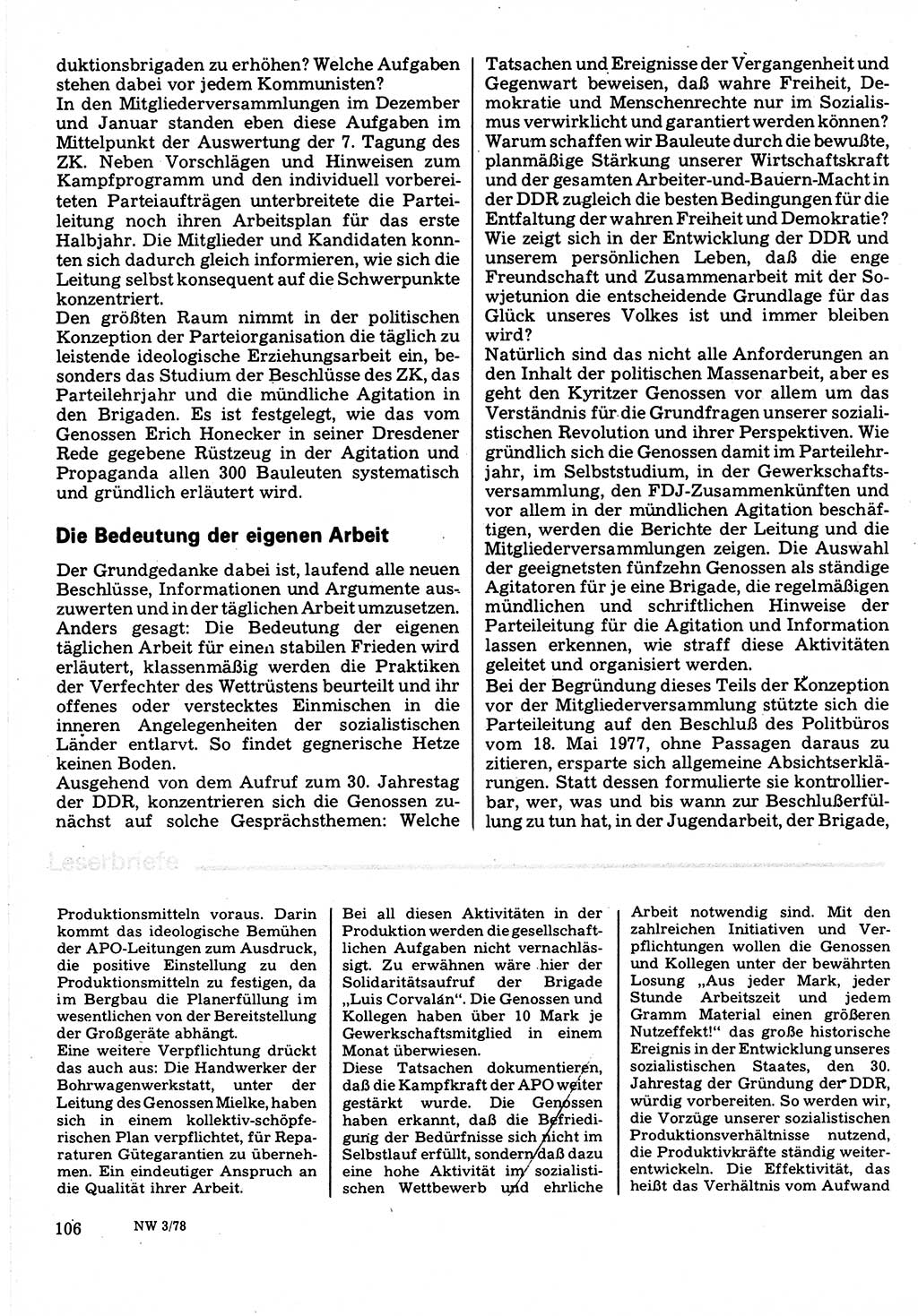 Neuer Weg (NW), Organ des Zentralkomitees (ZK) der SED (Sozialistische Einheitspartei Deutschlands) für Fragen des Parteilebens, 33. Jahrgang [Deutsche Demokratische Republik (DDR)] 1978, Seite 106 (NW ZK SED DDR 1978, S. 106)