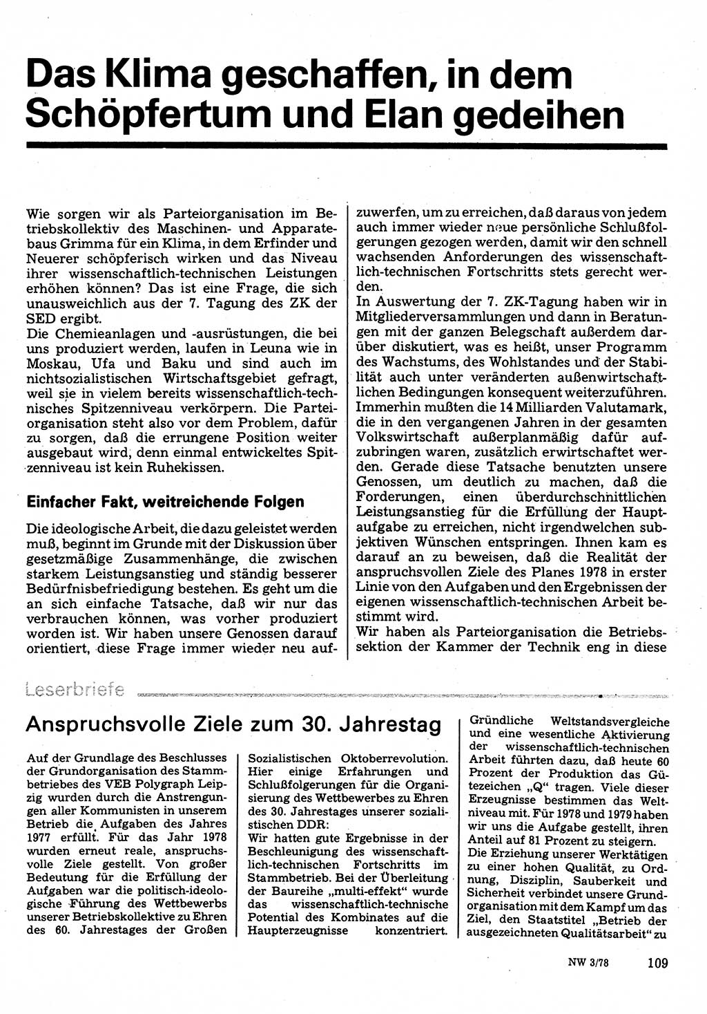 Neuer Weg (NW), Organ des Zentralkomitees (ZK) der SED (Sozialistische Einheitspartei Deutschlands) für Fragen des Parteilebens, 33. Jahrgang [Deutsche Demokratische Republik (DDR)] 1978, Seite 109 (NW ZK SED DDR 1978, S. 109)