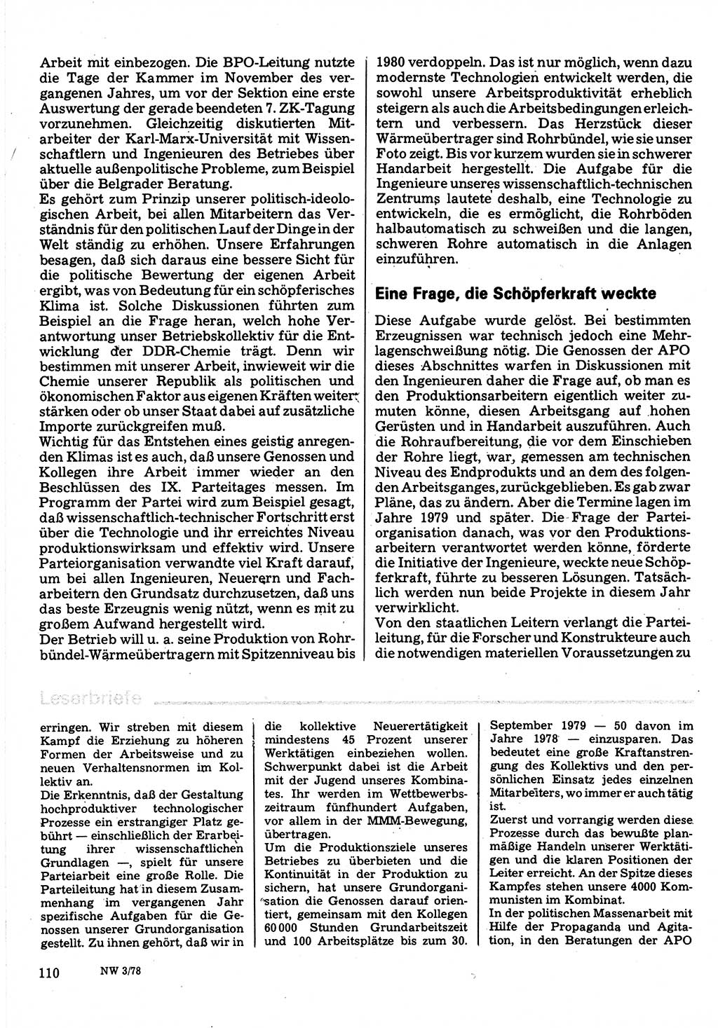 Neuer Weg (NW), Organ des Zentralkomitees (ZK) der SED (Sozialistische Einheitspartei Deutschlands) für Fragen des Parteilebens, 33. Jahrgang [Deutsche Demokratische Republik (DDR)] 1978, Seite 110 (NW ZK SED DDR 1978, S. 110)