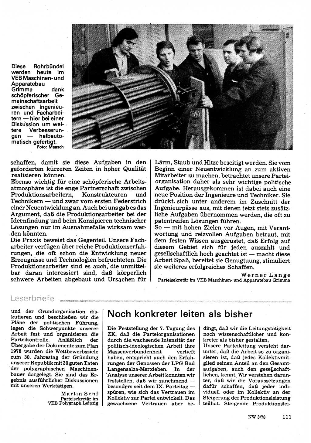 Neuer Weg (NW), Organ des Zentralkomitees (ZK) der SED (Sozialistische Einheitspartei Deutschlands) für Fragen des Parteilebens, 33. Jahrgang [Deutsche Demokratische Republik (DDR)] 1978, Seite 111 (NW ZK SED DDR 1978, S. 111)
