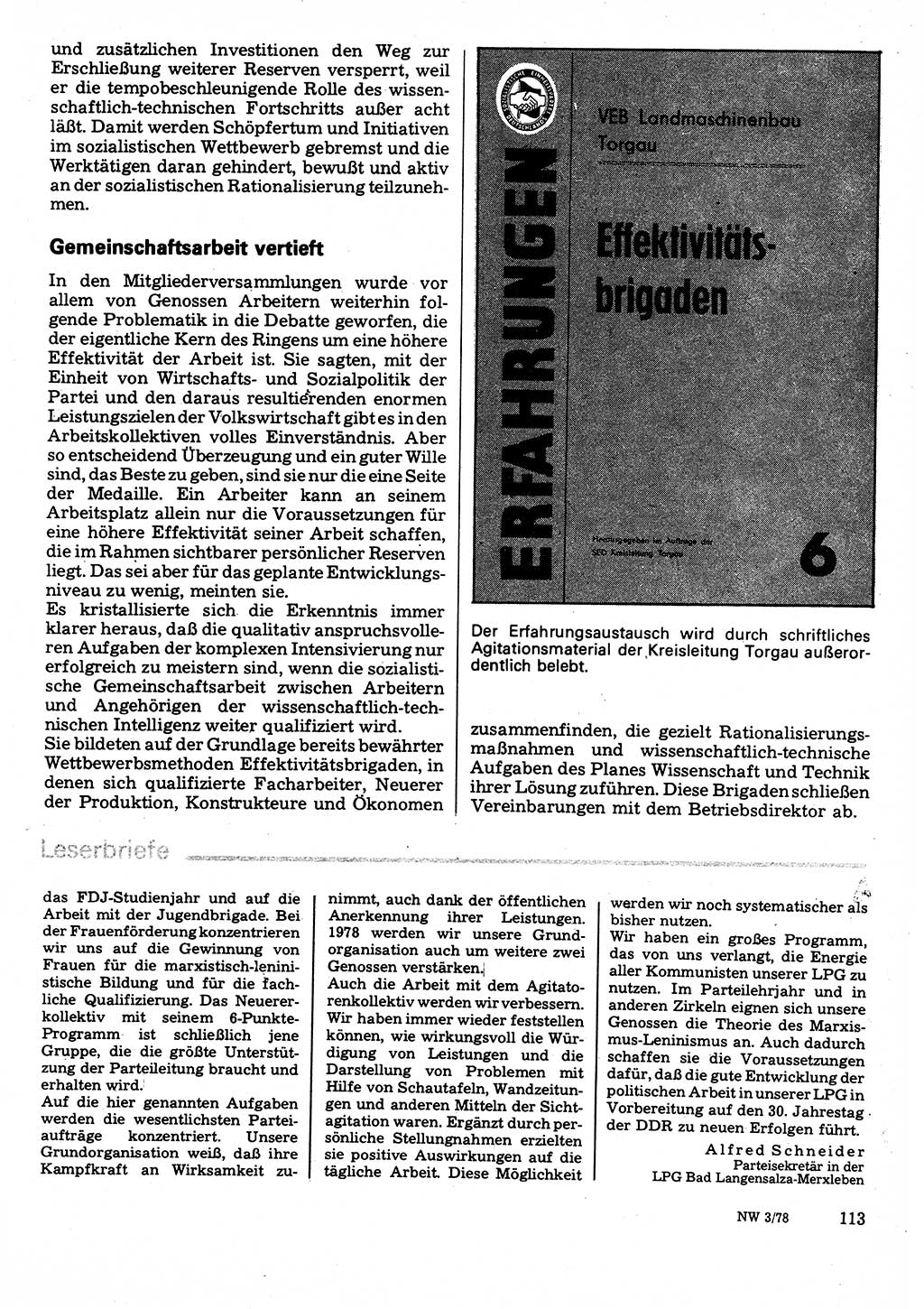 Neuer Weg (NW), Organ des Zentralkomitees (ZK) der SED (Sozialistische Einheitspartei Deutschlands) für Fragen des Parteilebens, 33. Jahrgang [Deutsche Demokratische Republik (DDR)] 1978, Seite 113 (NW ZK SED DDR 1978, S. 113)