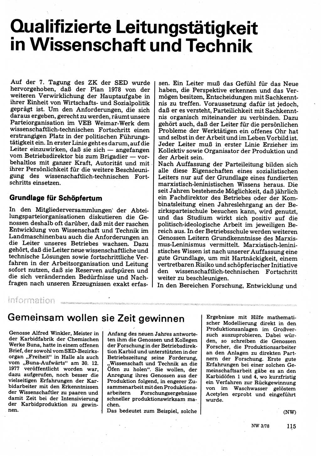 Neuer Weg (NW), Organ des Zentralkomitees (ZK) der SED (Sozialistische Einheitspartei Deutschlands) für Fragen des Parteilebens, 33. Jahrgang [Deutsche Demokratische Republik (DDR)] 1978, Seite 115 (NW ZK SED DDR 1978, S. 115)