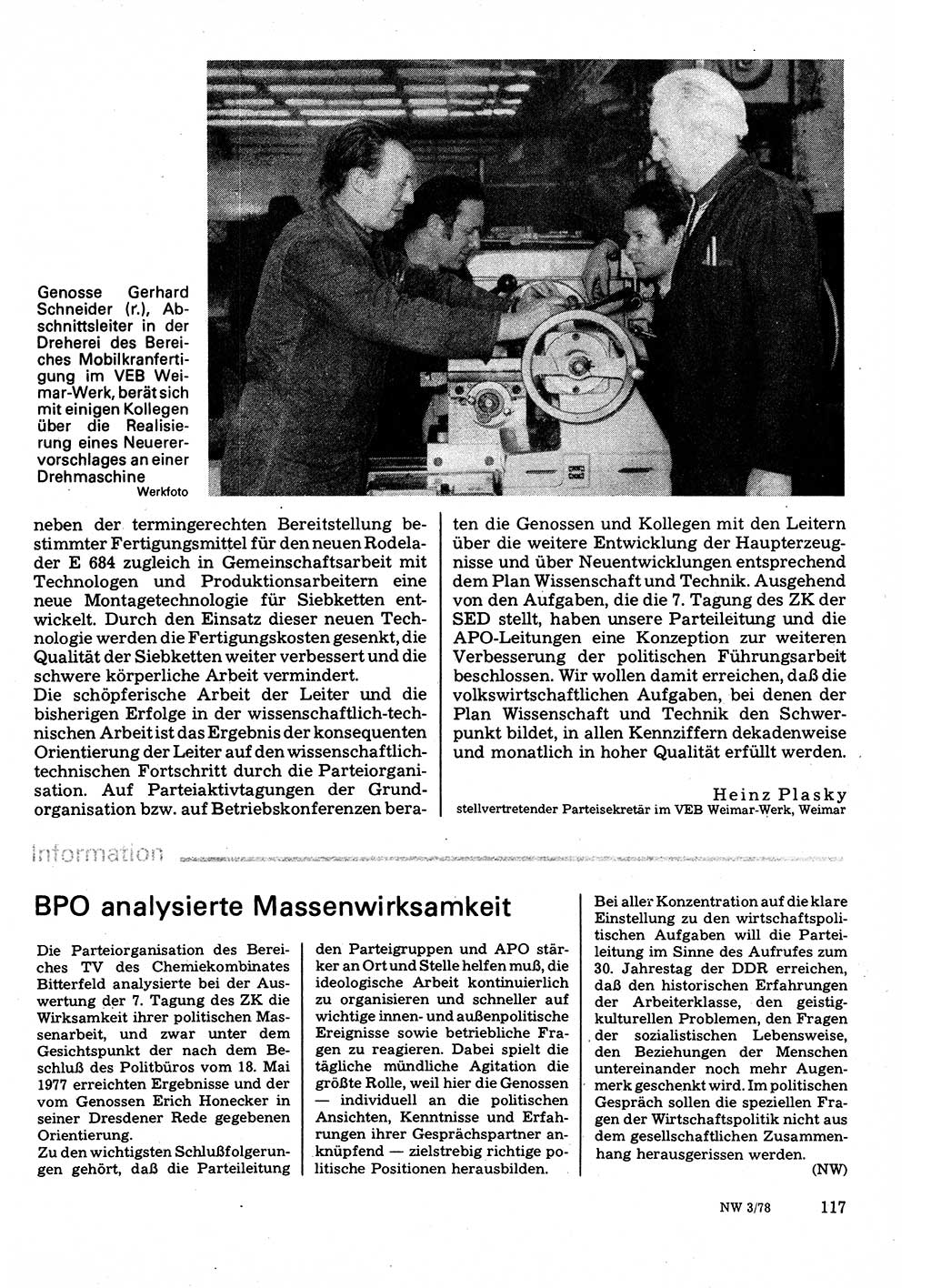 Neuer Weg (NW), Organ des Zentralkomitees (ZK) der SED (Sozialistische Einheitspartei Deutschlands) für Fragen des Parteilebens, 33. Jahrgang [Deutsche Demokratische Republik (DDR)] 1978, Seite 117 (NW ZK SED DDR 1978, S. 117)