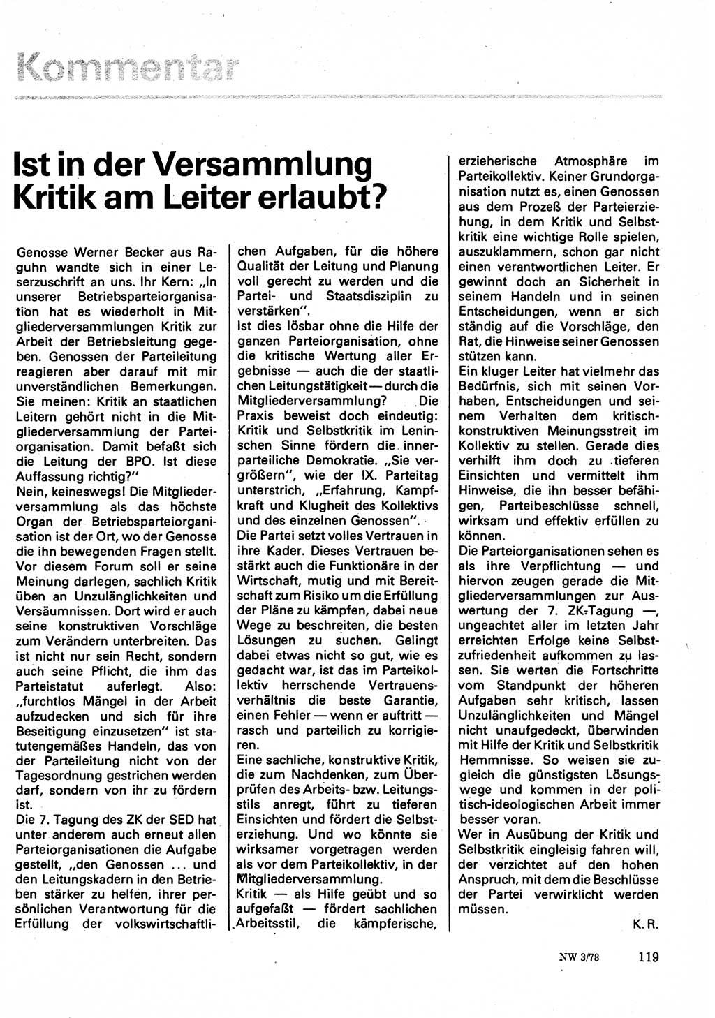 Neuer Weg (NW), Organ des Zentralkomitees (ZK) der SED (Sozialistische Einheitspartei Deutschlands) für Fragen des Parteilebens, 33. Jahrgang [Deutsche Demokratische Republik (DDR)] 1978, Seite 119 (NW ZK SED DDR 1978, S. 119)