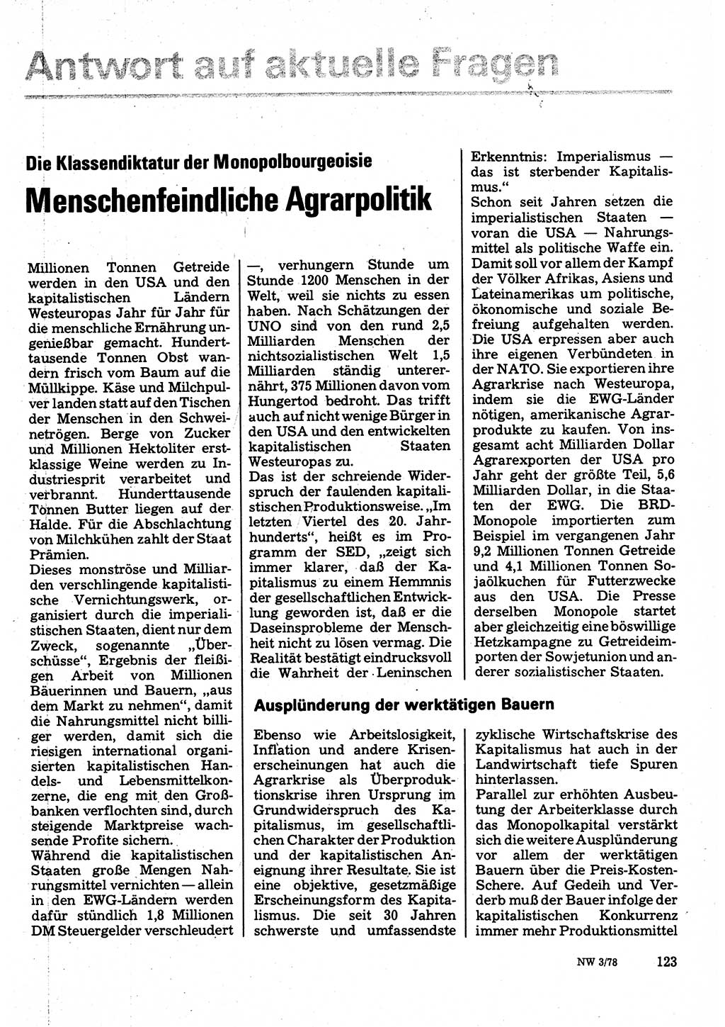 Neuer Weg (NW), Organ des Zentralkomitees (ZK) der SED (Sozialistische Einheitspartei Deutschlands) für Fragen des Parteilebens, 33. Jahrgang [Deutsche Demokratische Republik (DDR)] 1978, Seite 123 (NW ZK SED DDR 1978, S. 123)