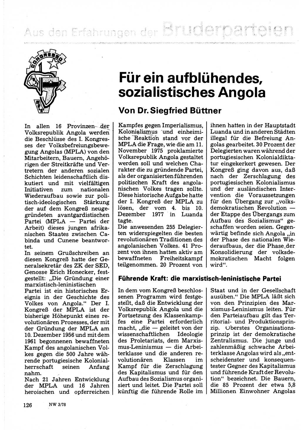 Neuer Weg (NW), Organ des Zentralkomitees (ZK) der SED (Sozialistische Einheitspartei Deutschlands) für Fragen des Parteilebens, 33. Jahrgang [Deutsche Demokratische Republik (DDR)] 1978, Seite 126 (NW ZK SED DDR 1978, S. 126)