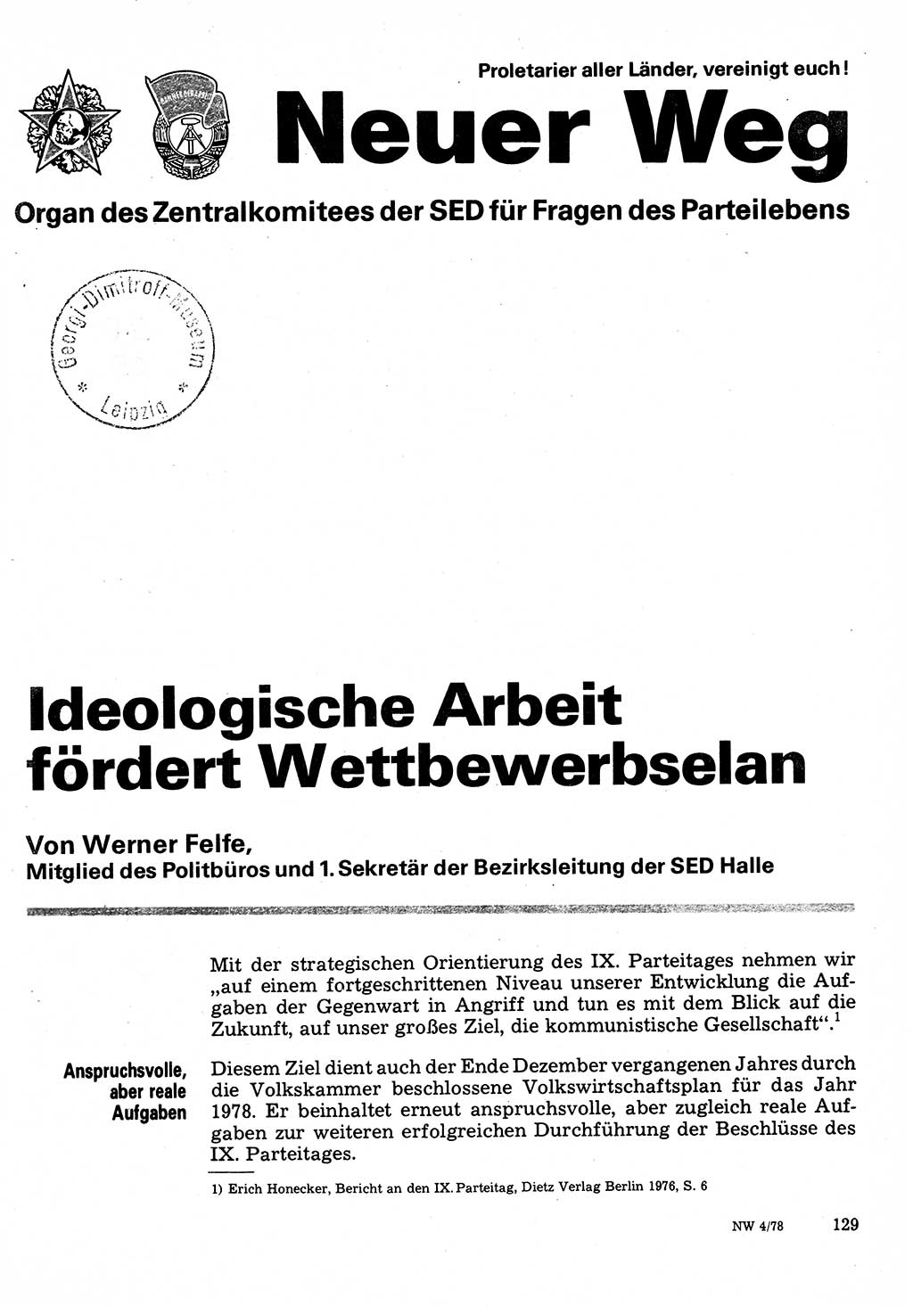 Neuer Weg (NW), Organ des Zentralkomitees (ZK) der SED (Sozialistische Einheitspartei Deutschlands) für Fragen des Parteilebens, 33. Jahrgang [Deutsche Demokratische Republik (DDR)] 1978, Seite 129 (NW ZK SED DDR 1978, S. 129)