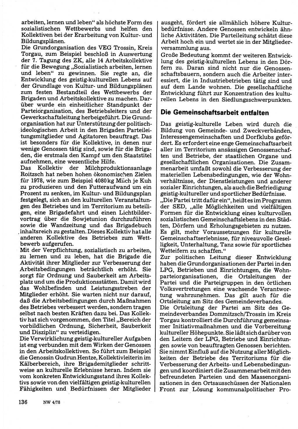 Neuer Weg (NW), Organ des Zentralkomitees (ZK) der SED (Sozialistische Einheitspartei Deutschlands) für Fragen des Parteilebens, 33. Jahrgang [Deutsche Demokratische Republik (DDR)] 1978, Seite 136 (NW ZK SED DDR 1978, S. 136)