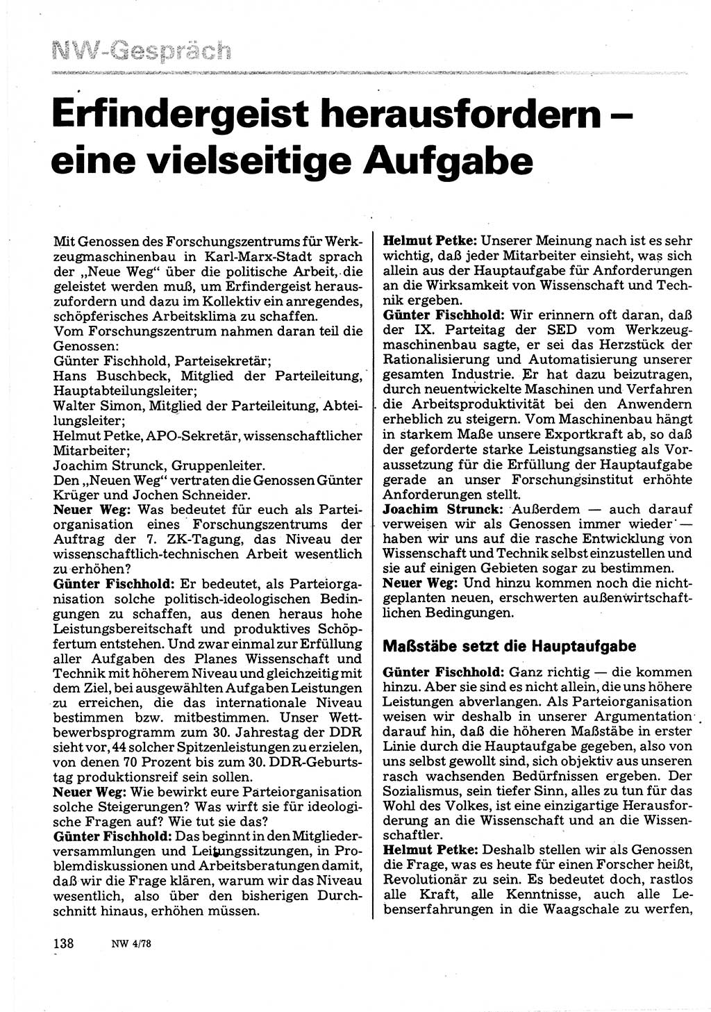 Neuer Weg (NW), Organ des Zentralkomitees (ZK) der SED (Sozialistische Einheitspartei Deutschlands) für Fragen des Parteilebens, 33. Jahrgang [Deutsche Demokratische Republik (DDR)] 1978, Seite 138 (NW ZK SED DDR 1978, S. 138)