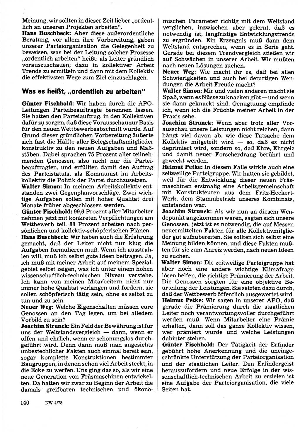 Neuer Weg (NW), Organ des Zentralkomitees (ZK) der SED (Sozialistische Einheitspartei Deutschlands) fÃ¼r Fragen des Parteilebens, 33. Jahrgang [Deutsche Demokratische Republik (DDR)] 1978, Seite 140 (NW ZK SED DDR 1978, S. 140)