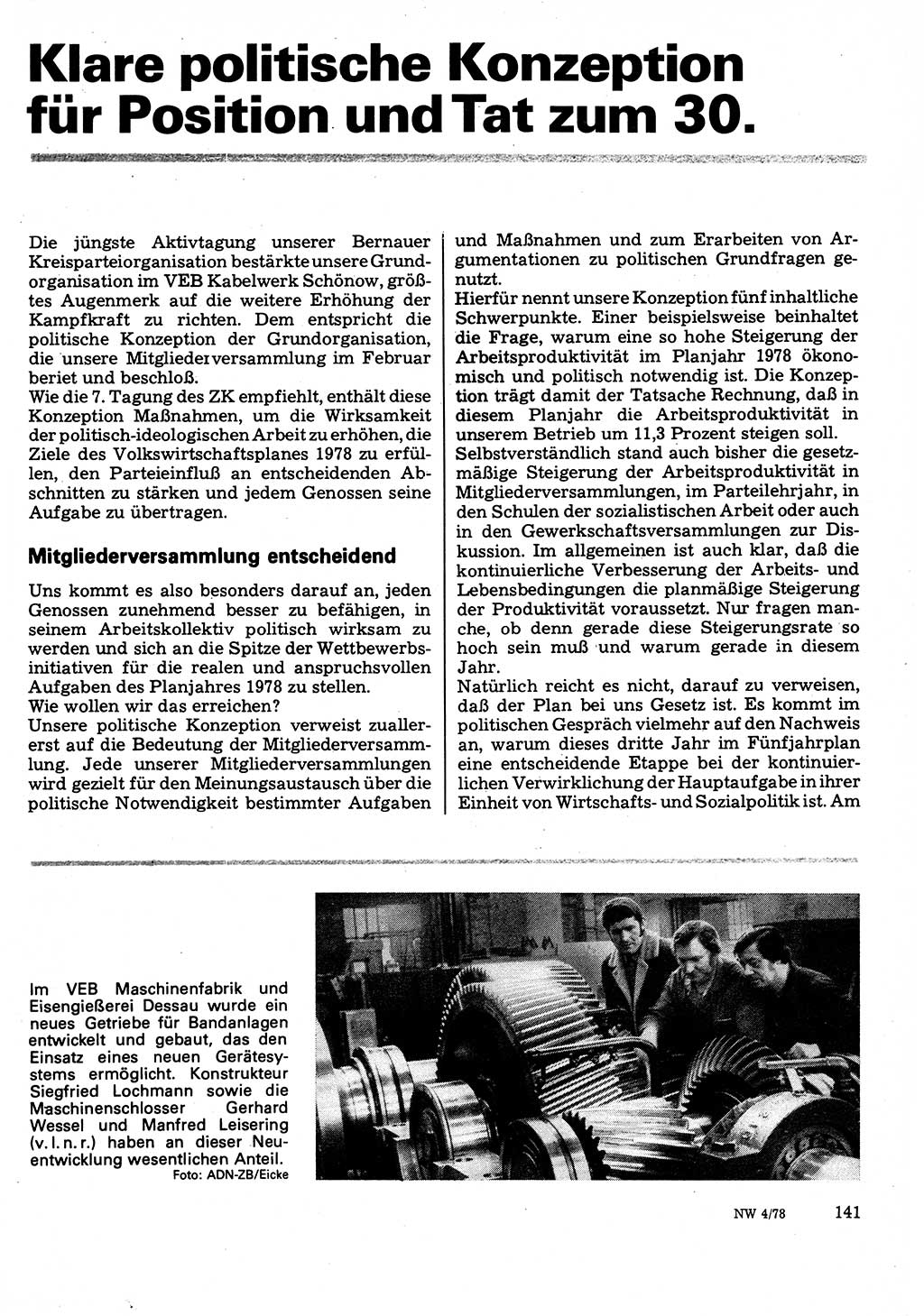 Neuer Weg (NW), Organ des Zentralkomitees (ZK) der SED (Sozialistische Einheitspartei Deutschlands) für Fragen des Parteilebens, 33. Jahrgang [Deutsche Demokratische Republik (DDR)] 1978, Seite 141 (NW ZK SED DDR 1978, S. 141)
