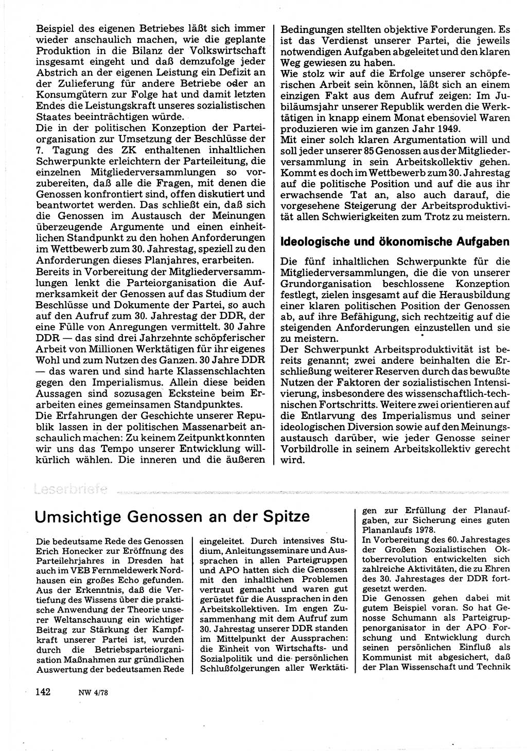 Neuer Weg (NW), Organ des Zentralkomitees (ZK) der SED (Sozialistische Einheitspartei Deutschlands) für Fragen des Parteilebens, 33. Jahrgang [Deutsche Demokratische Republik (DDR)] 1978, Seite 142 (NW ZK SED DDR 1978, S. 142)