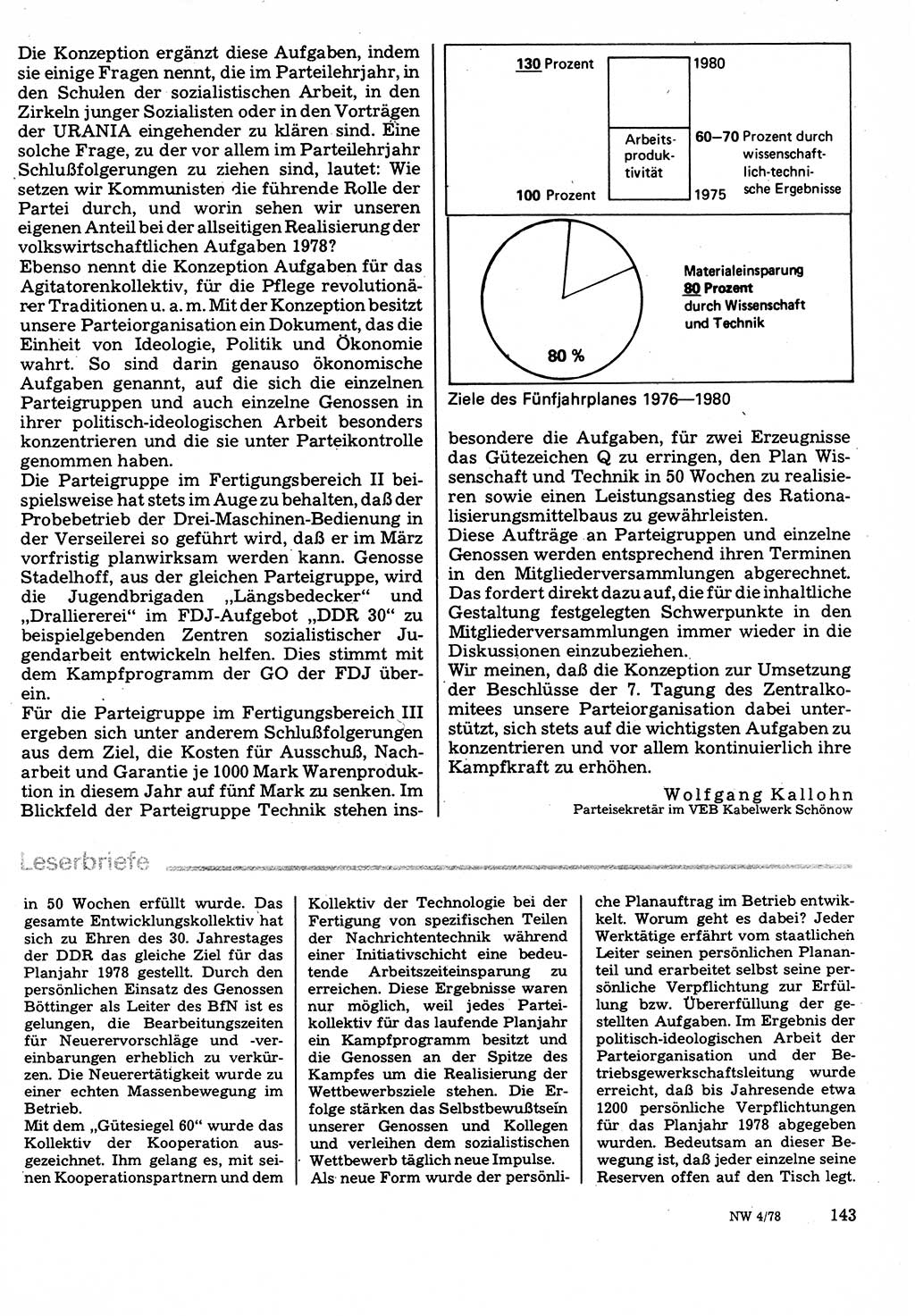 Neuer Weg (NW), Organ des Zentralkomitees (ZK) der SED (Sozialistische Einheitspartei Deutschlands) fÃ¼r Fragen des Parteilebens, 33. Jahrgang [Deutsche Demokratische Republik (DDR)] 1978, Seite 143 (NW ZK SED DDR 1978, S. 143)