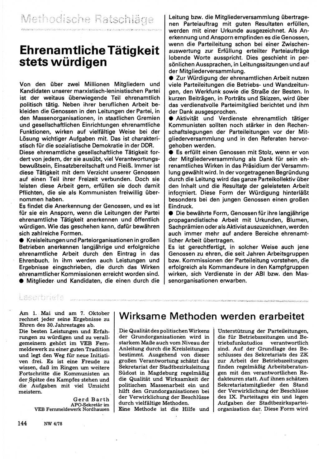 Neuer Weg (NW), Organ des Zentralkomitees (ZK) der SED (Sozialistische Einheitspartei Deutschlands) für Fragen des Parteilebens, 33. Jahrgang [Deutsche Demokratische Republik (DDR)] 1978, Seite 144 (NW ZK SED DDR 1978, S. 144)