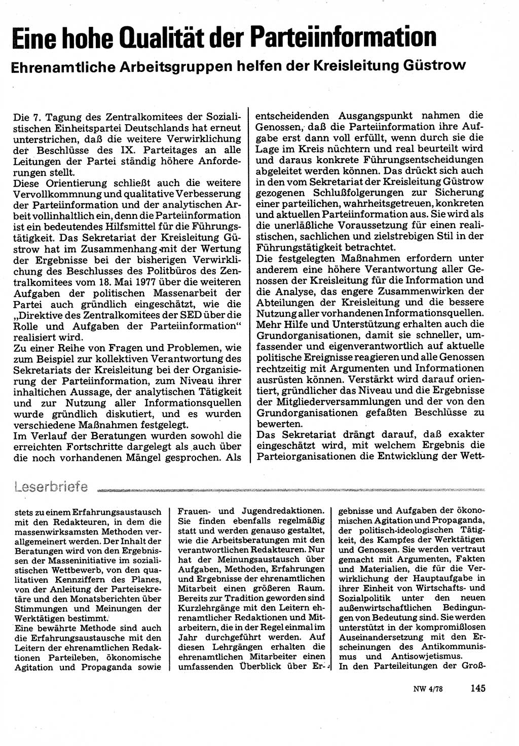 Neuer Weg (NW), Organ des Zentralkomitees (ZK) der SED (Sozialistische Einheitspartei Deutschlands) für Fragen des Parteilebens, 33. Jahrgang [Deutsche Demokratische Republik (DDR)] 1978, Seite 145 (NW ZK SED DDR 1978, S. 145)