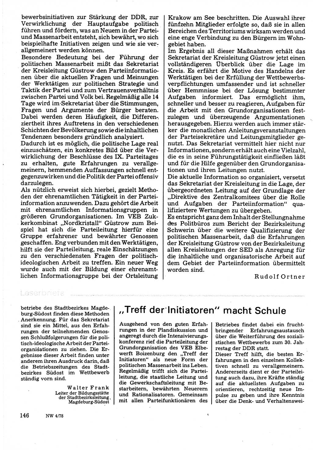 Neuer Weg (NW), Organ des Zentralkomitees (ZK) der SED (Sozialistische Einheitspartei Deutschlands) für Fragen des Parteilebens, 33. Jahrgang [Deutsche Demokratische Republik (DDR)] 1978, Seite 146 (NW ZK SED DDR 1978, S. 146)