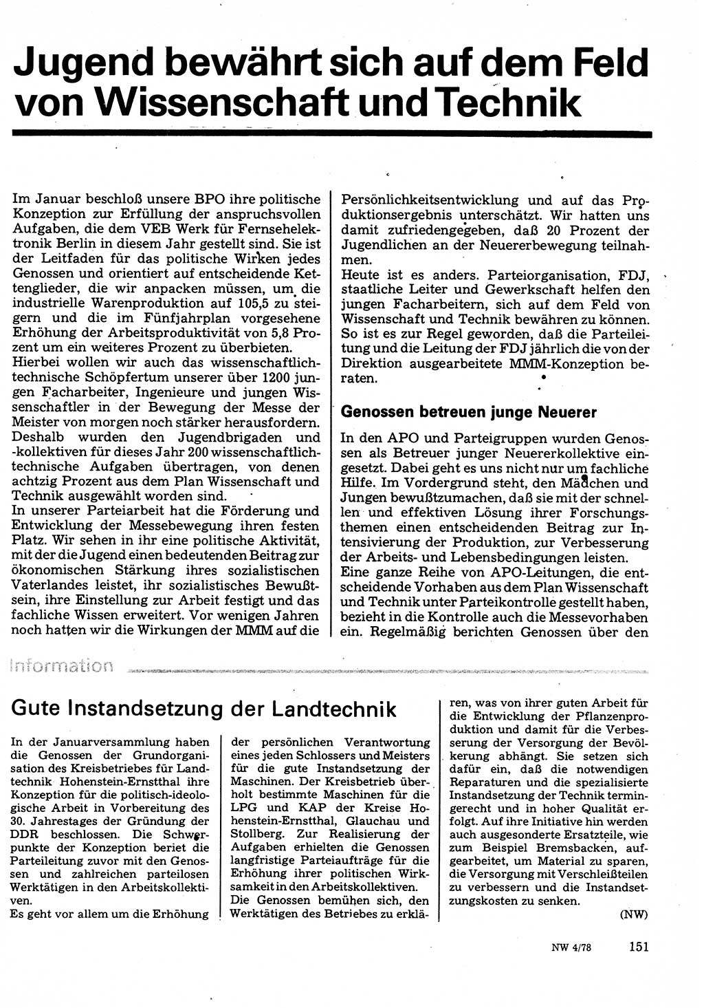 Neuer Weg (NW), Organ des Zentralkomitees (ZK) der SED (Sozialistische Einheitspartei Deutschlands) für Fragen des Parteilebens, 33. Jahrgang [Deutsche Demokratische Republik (DDR)] 1978, Seite 151 (NW ZK SED DDR 1978, S. 151)