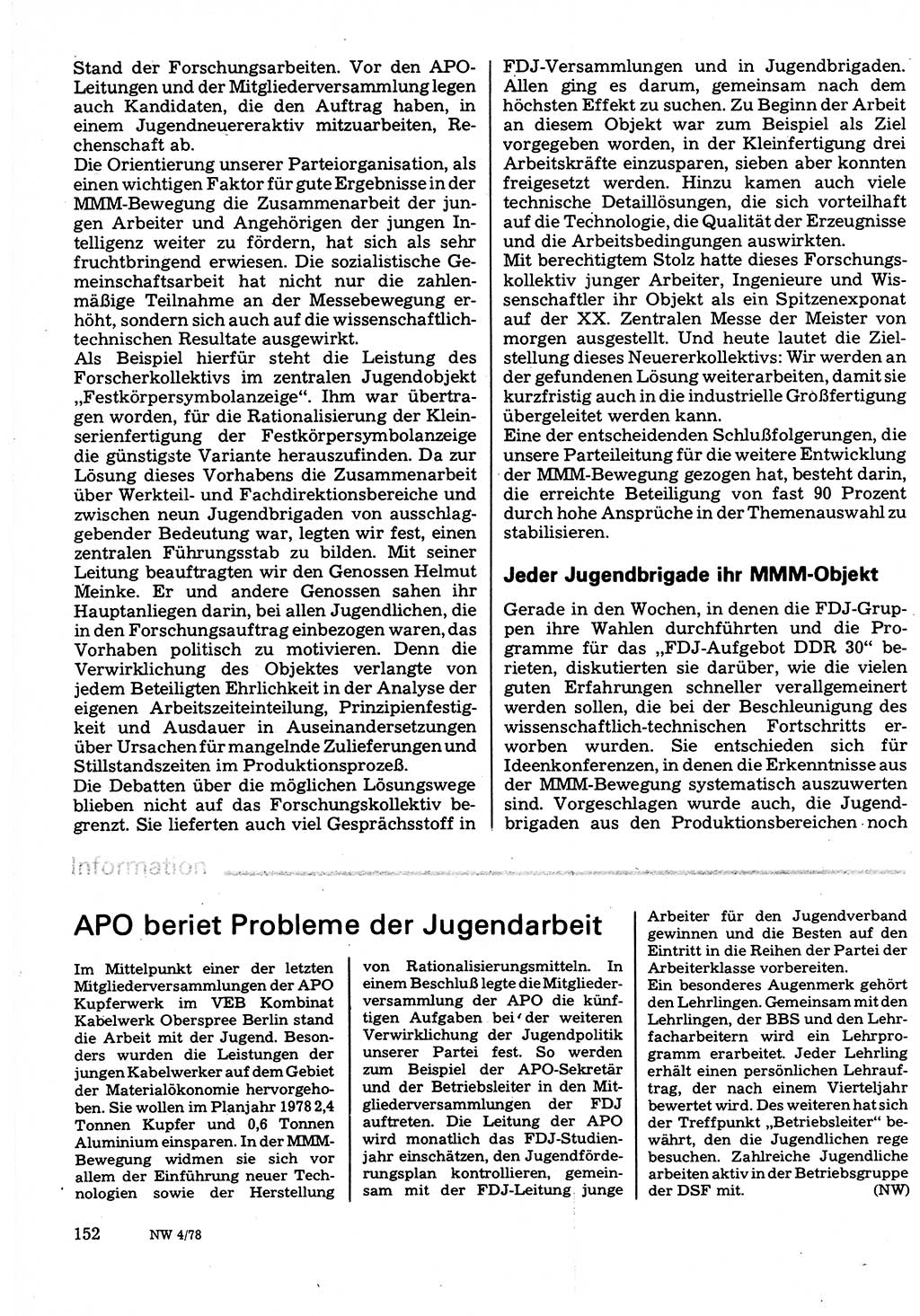 Neuer Weg (NW), Organ des Zentralkomitees (ZK) der SED (Sozialistische Einheitspartei Deutschlands) für Fragen des Parteilebens, 33. Jahrgang [Deutsche Demokratische Republik (DDR)] 1978, Seite 152 (NW ZK SED DDR 1978, S. 152)