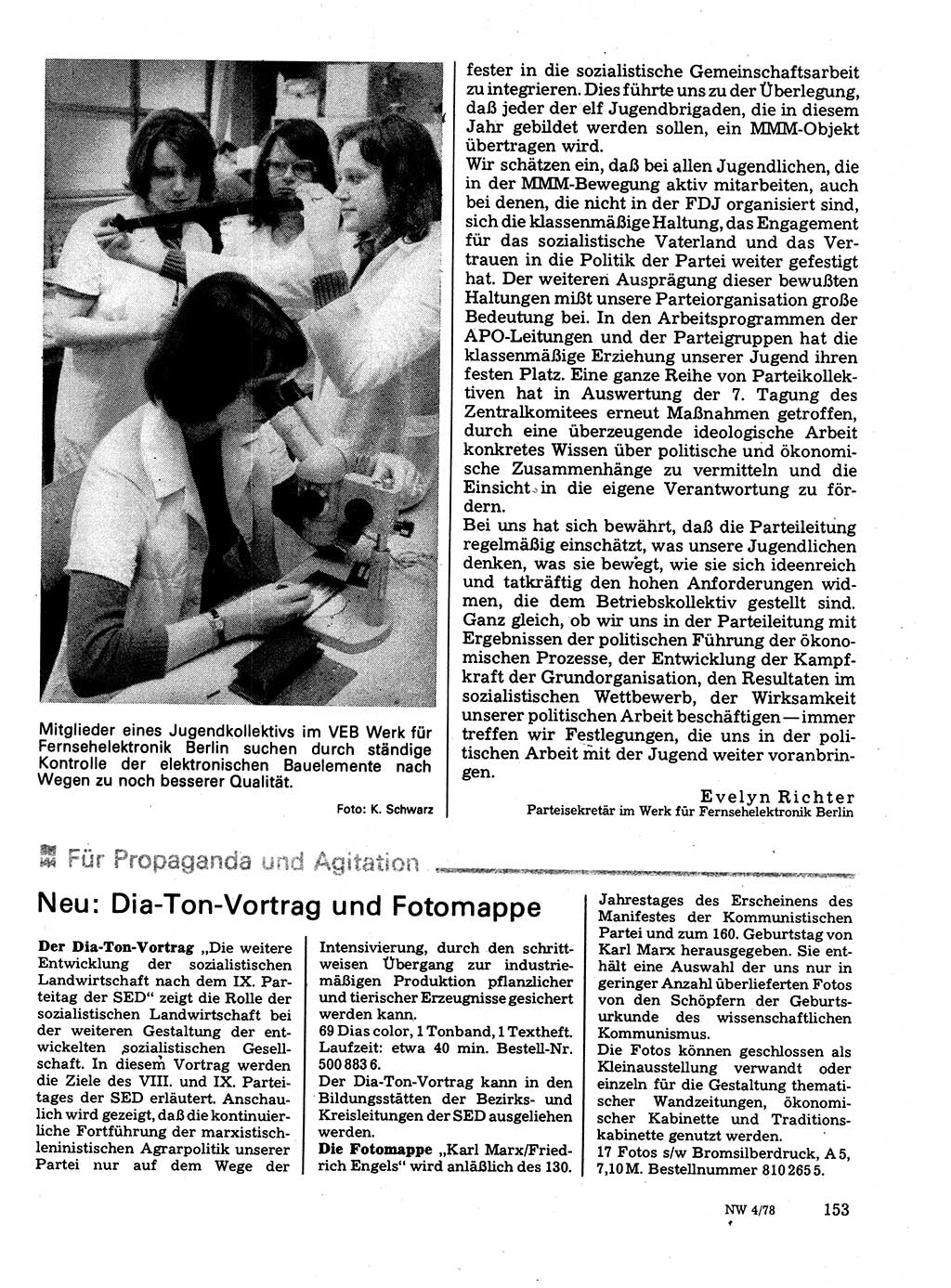 Neuer Weg (NW), Organ des Zentralkomitees (ZK) der SED (Sozialistische Einheitspartei Deutschlands) für Fragen des Parteilebens, 33. Jahrgang [Deutsche Demokratische Republik (DDR)] 1978, Seite 153 (NW ZK SED DDR 1978, S. 153)