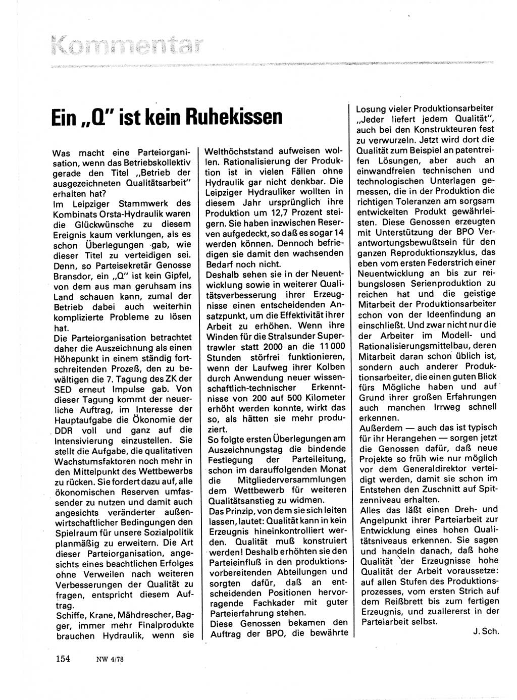 Neuer Weg (NW), Organ des Zentralkomitees (ZK) der SED (Sozialistische Einheitspartei Deutschlands) für Fragen des Parteilebens, 33. Jahrgang [Deutsche Demokratische Republik (DDR)] 1978, Seite 154 (NW ZK SED DDR 1978, S. 154)