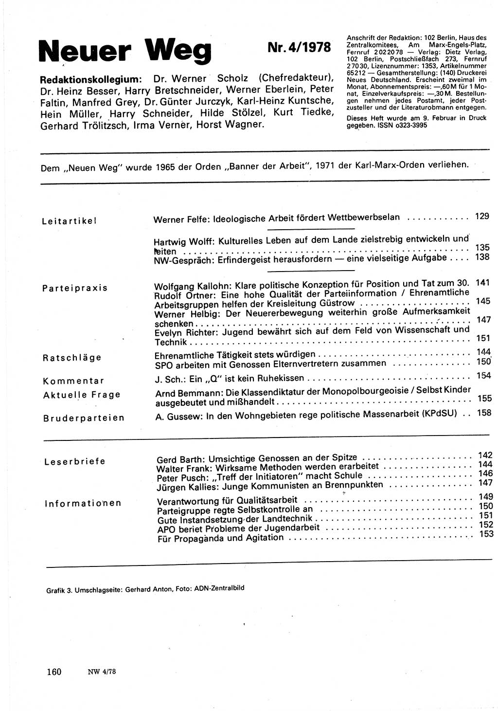 Neuer Weg (NW), Organ des Zentralkomitees (ZK) der SED (Sozialistische Einheitspartei Deutschlands) für Fragen des Parteilebens, 33. Jahrgang [Deutsche Demokratische Republik (DDR)] 1978, Seite 160 (NW ZK SED DDR 1978, S. 160)