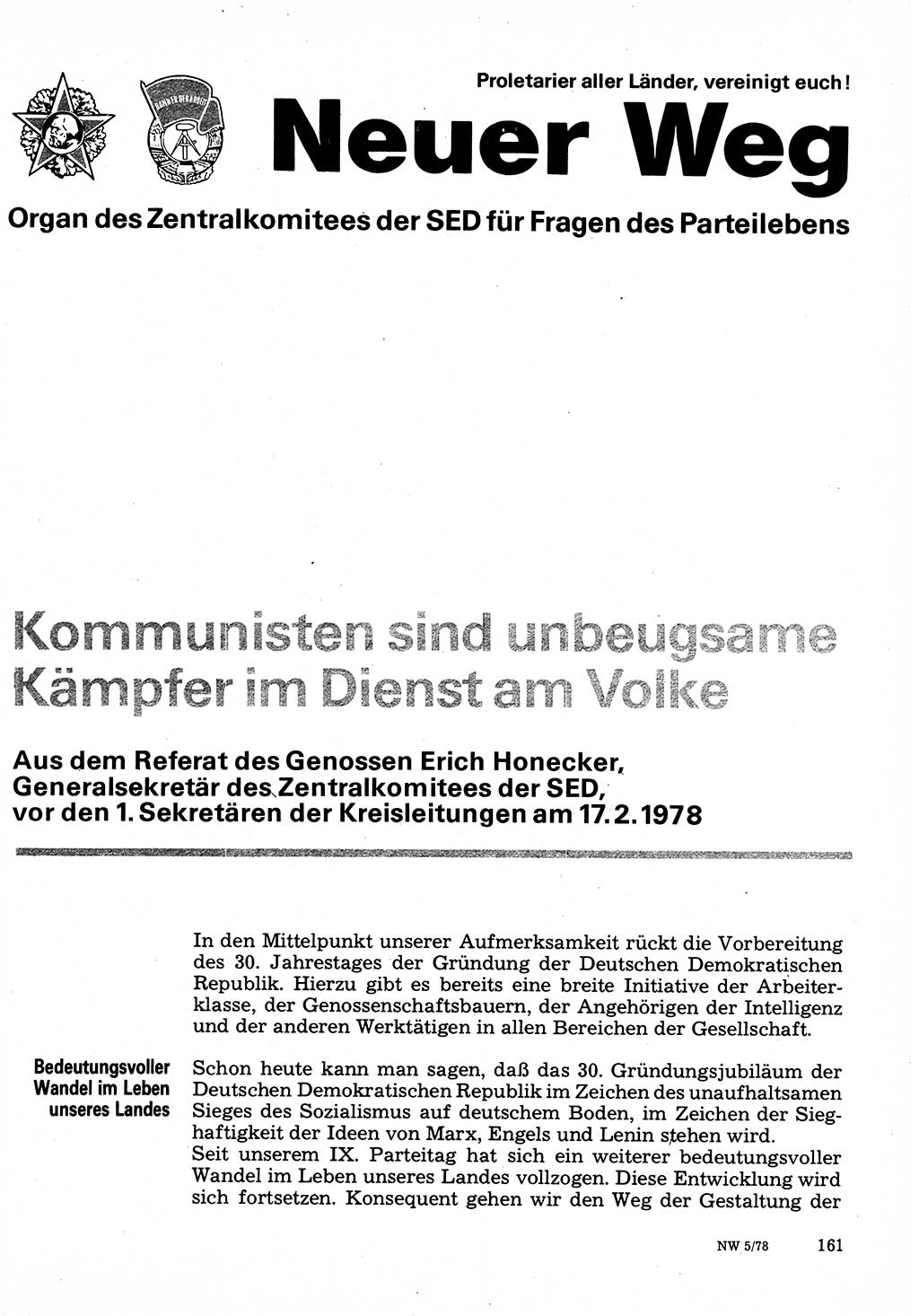 Neuer Weg (NW), Organ des Zentralkomitees (ZK) der SED (Sozialistische Einheitspartei Deutschlands) für Fragen des Parteilebens, 33. Jahrgang [Deutsche Demokratische Republik (DDR)] 1978, Seite 161 (NW ZK SED DDR 1978, S. 161)