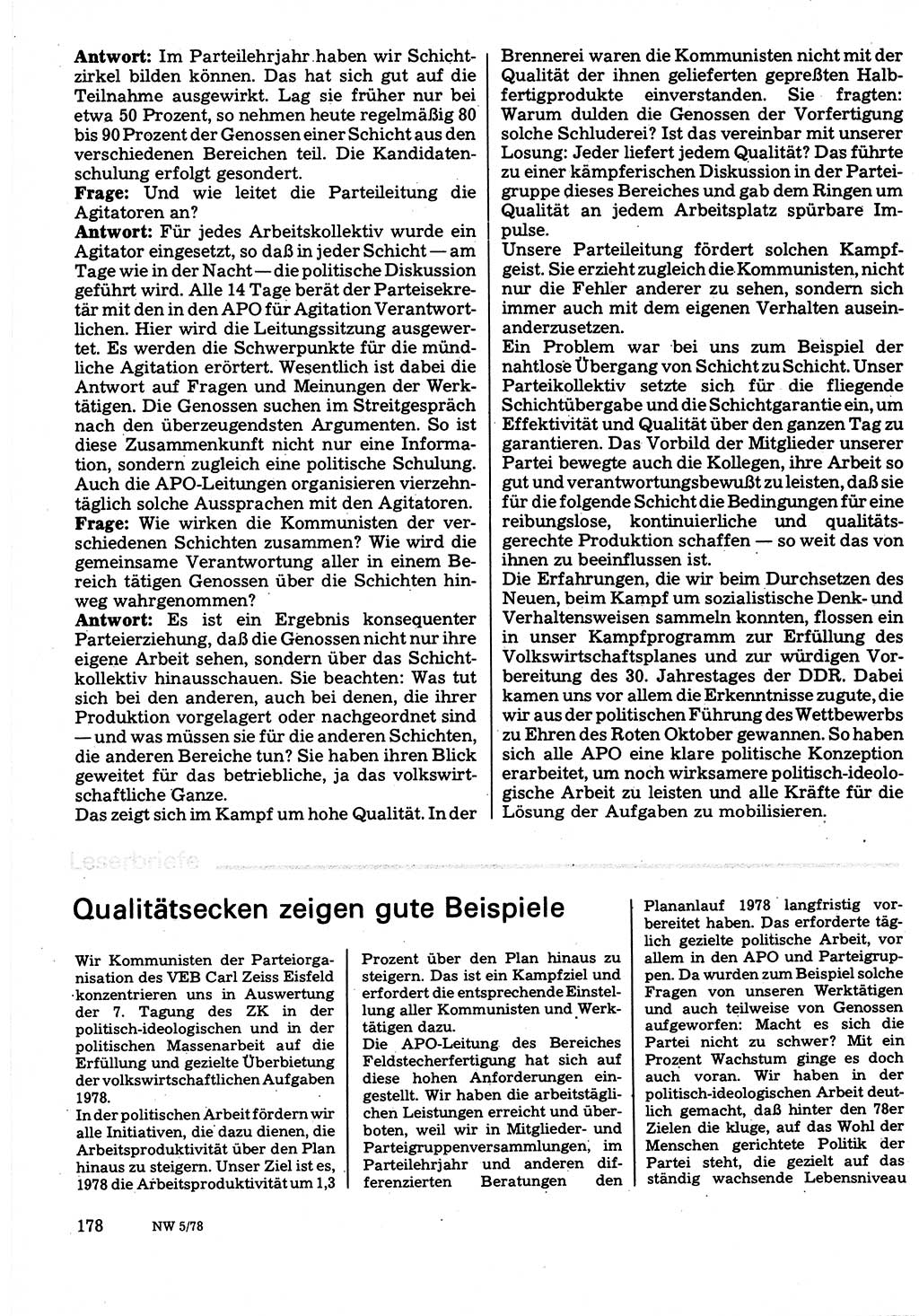 Neuer Weg (NW), Organ des Zentralkomitees (ZK) der SED (Sozialistische Einheitspartei Deutschlands) für Fragen des Parteilebens, 33. Jahrgang [Deutsche Demokratische Republik (DDR)] 1978, Seite 178 (NW ZK SED DDR 1978, S. 178)