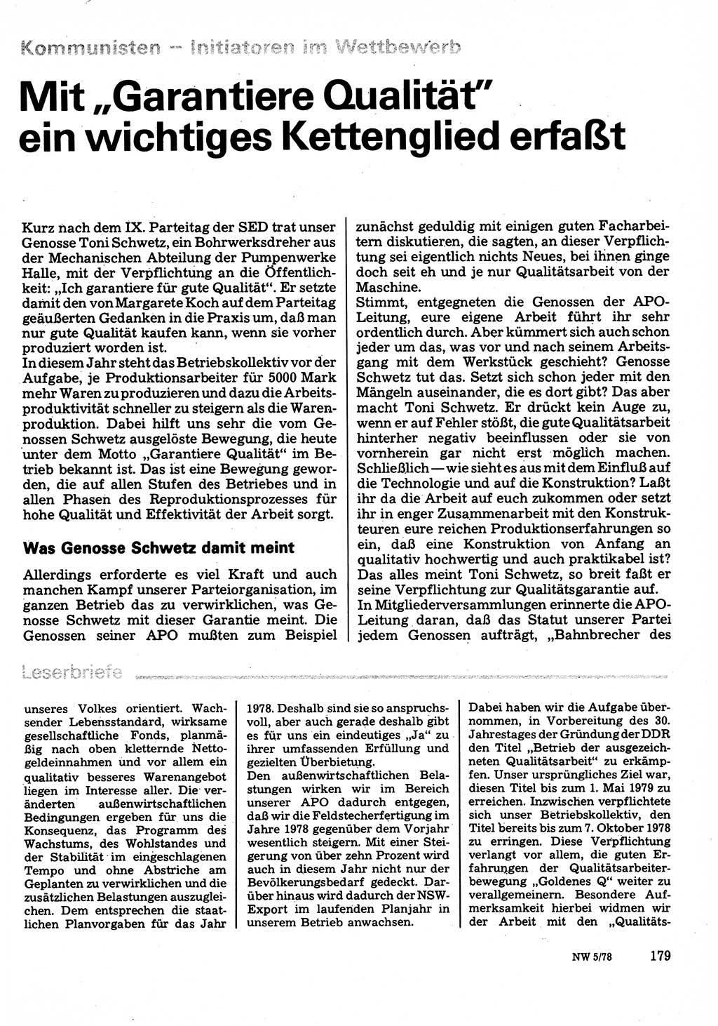 Neuer Weg (NW), Organ des Zentralkomitees (ZK) der SED (Sozialistische Einheitspartei Deutschlands) für Fragen des Parteilebens, 33. Jahrgang [Deutsche Demokratische Republik (DDR)] 1978, Seite 179 (NW ZK SED DDR 1978, S. 179)