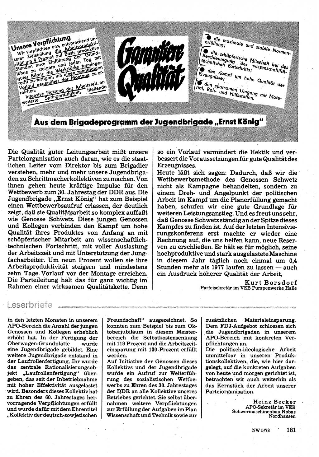 Neuer Weg (NW), Organ des Zentralkomitees (ZK) der SED (Sozialistische Einheitspartei Deutschlands) für Fragen des Parteilebens, 33. Jahrgang [Deutsche Demokratische Republik (DDR)] 1978, Seite 181 (NW ZK SED DDR 1978, S. 181)