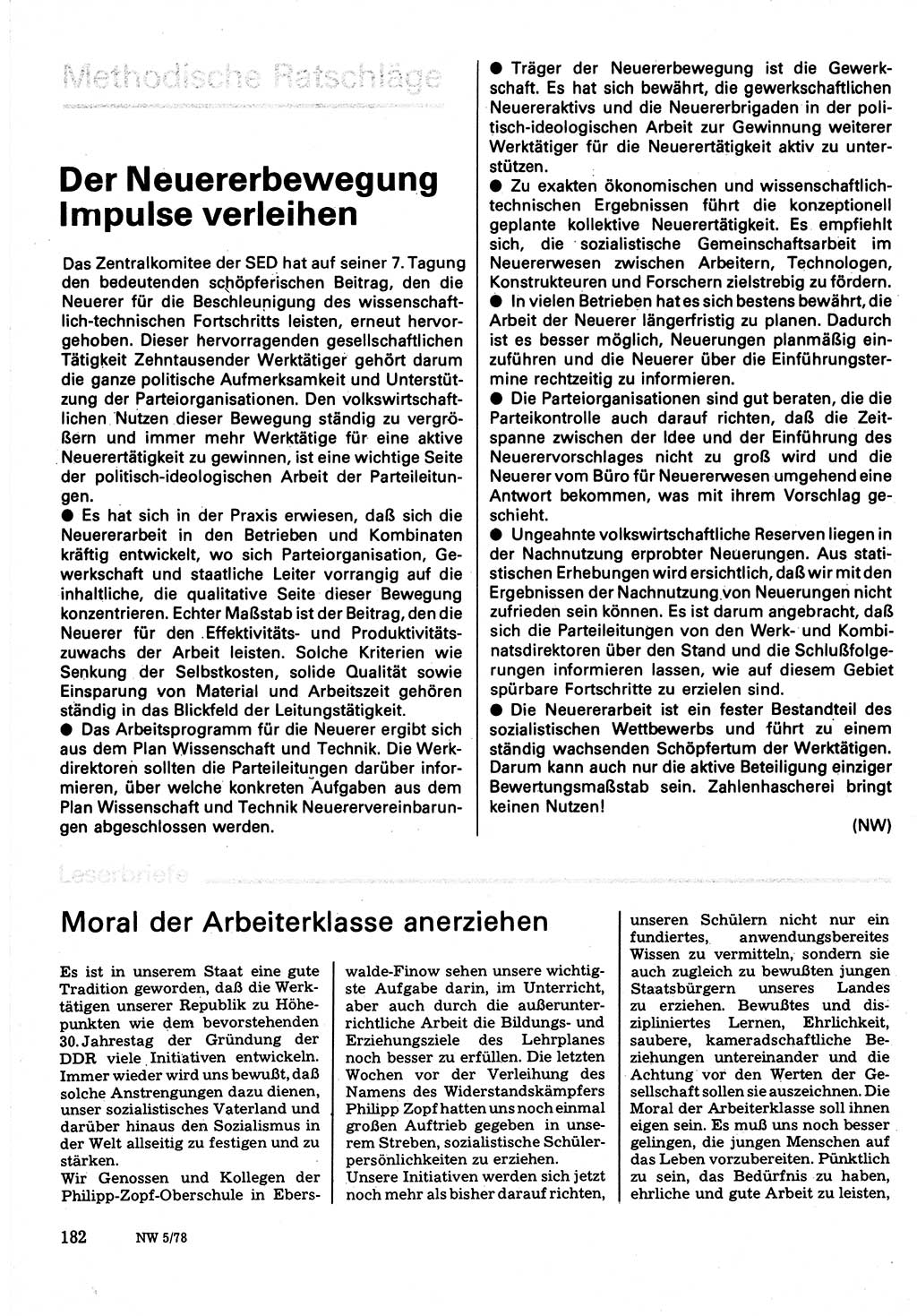 Neuer Weg (NW), Organ des Zentralkomitees (ZK) der SED (Sozialistische Einheitspartei Deutschlands) für Fragen des Parteilebens, 33. Jahrgang [Deutsche Demokratische Republik (DDR)] 1978, Seite 182 (NW ZK SED DDR 1978, S. 182)