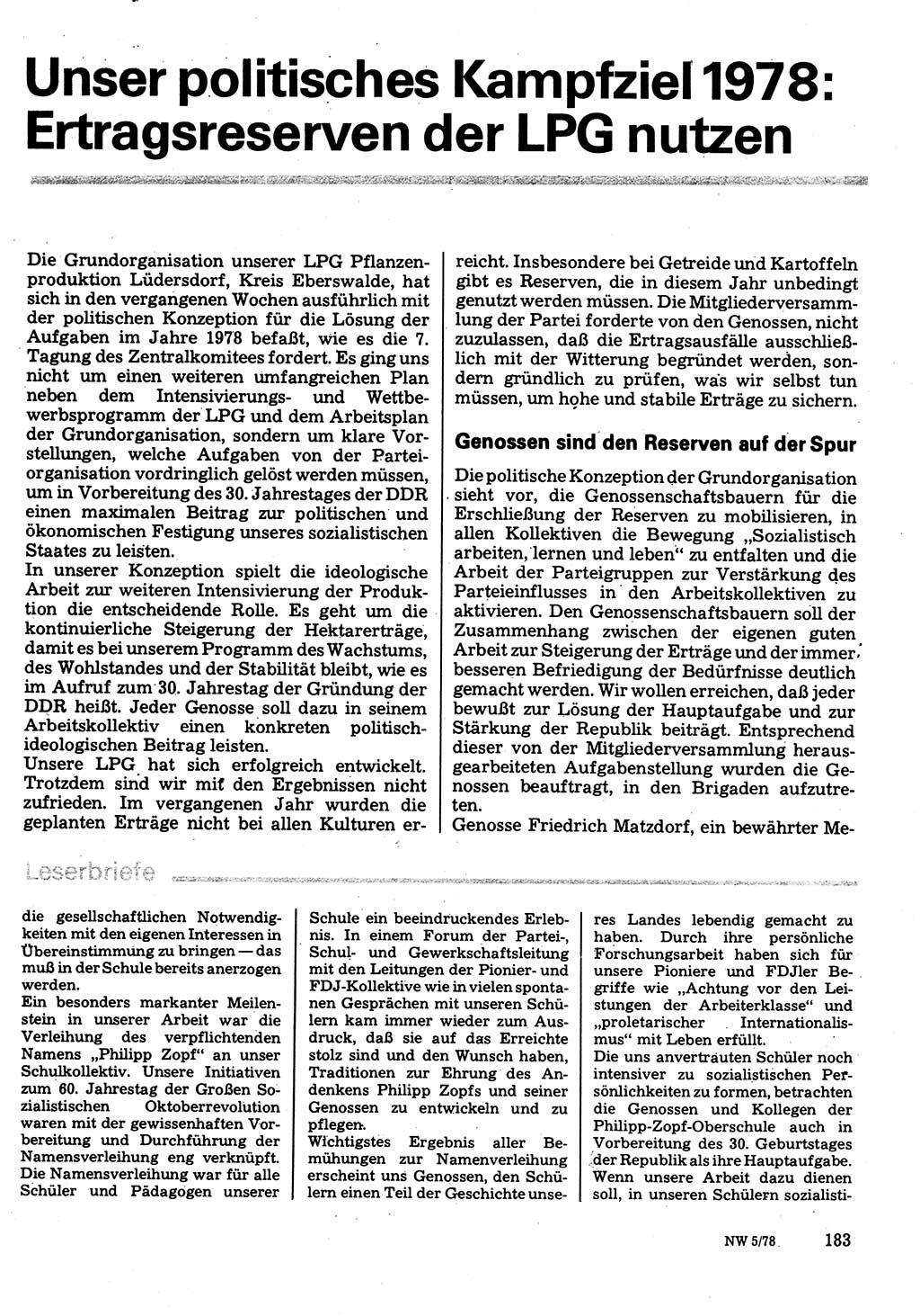 Neuer Weg (NW), Organ des Zentralkomitees (ZK) der SED (Sozialistische Einheitspartei Deutschlands) für Fragen des Parteilebens, 33. Jahrgang [Deutsche Demokratische Republik (DDR)] 1978, Seite 183 (NW ZK SED DDR 1978, S. 183)