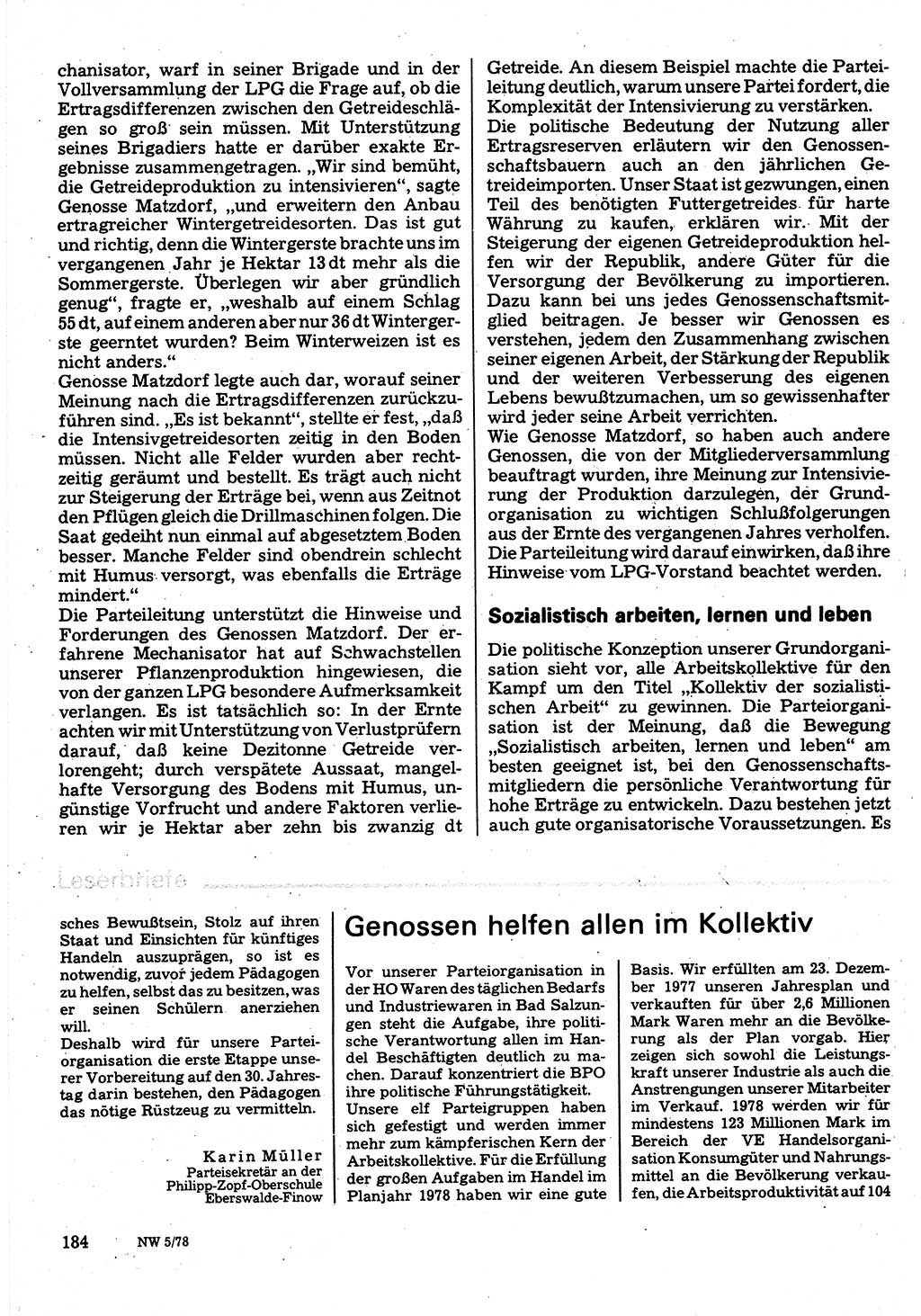 Neuer Weg (NW), Organ des Zentralkomitees (ZK) der SED (Sozialistische Einheitspartei Deutschlands) für Fragen des Parteilebens, 33. Jahrgang [Deutsche Demokratische Republik (DDR)] 1978, Seite 184 (NW ZK SED DDR 1978, S. 184)