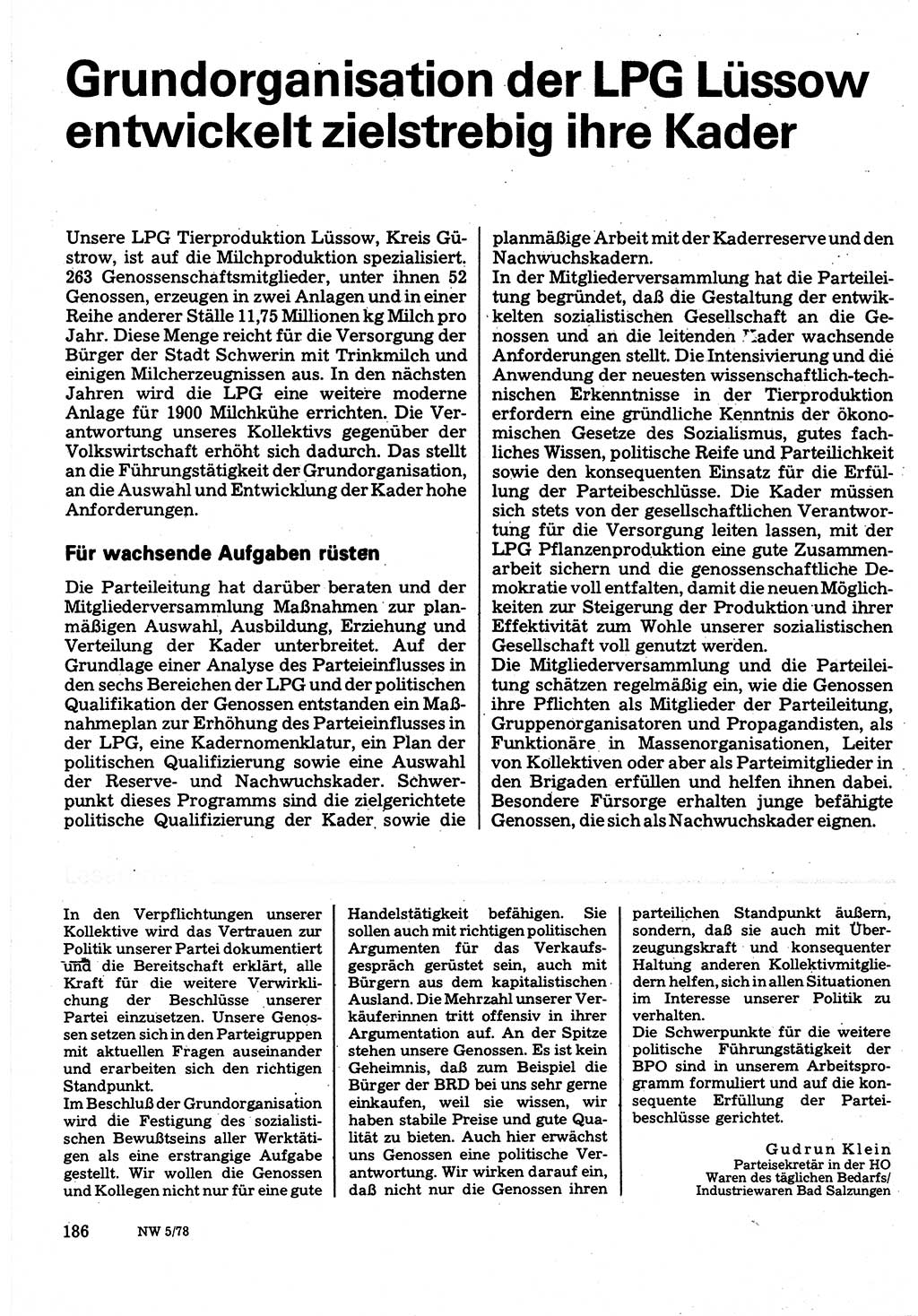 Neuer Weg (NW), Organ des Zentralkomitees (ZK) der SED (Sozialistische Einheitspartei Deutschlands) für Fragen des Parteilebens, 33. Jahrgang [Deutsche Demokratische Republik (DDR)] 1978, Seite 186 (NW ZK SED DDR 1978, S. 186)