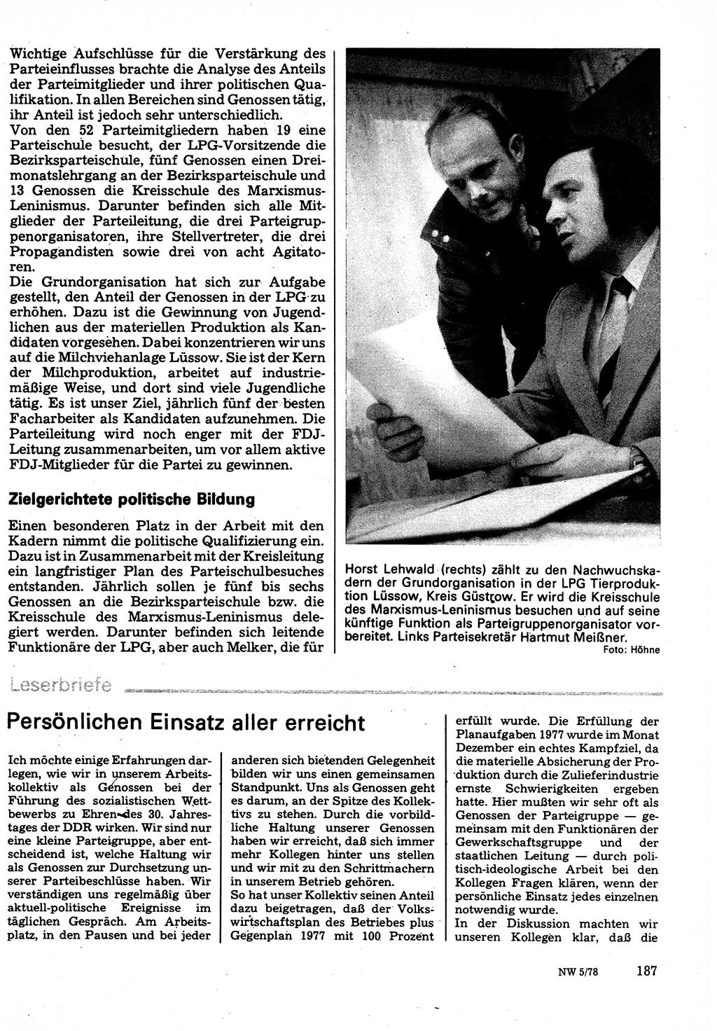 Neuer Weg (NW), Organ des Zentralkomitees (ZK) der SED (Sozialistische Einheitspartei Deutschlands) für Fragen des Parteilebens, 33. Jahrgang [Deutsche Demokratische Republik (DDR)] 1978, Seite 187 (NW ZK SED DDR 1978, S. 187)