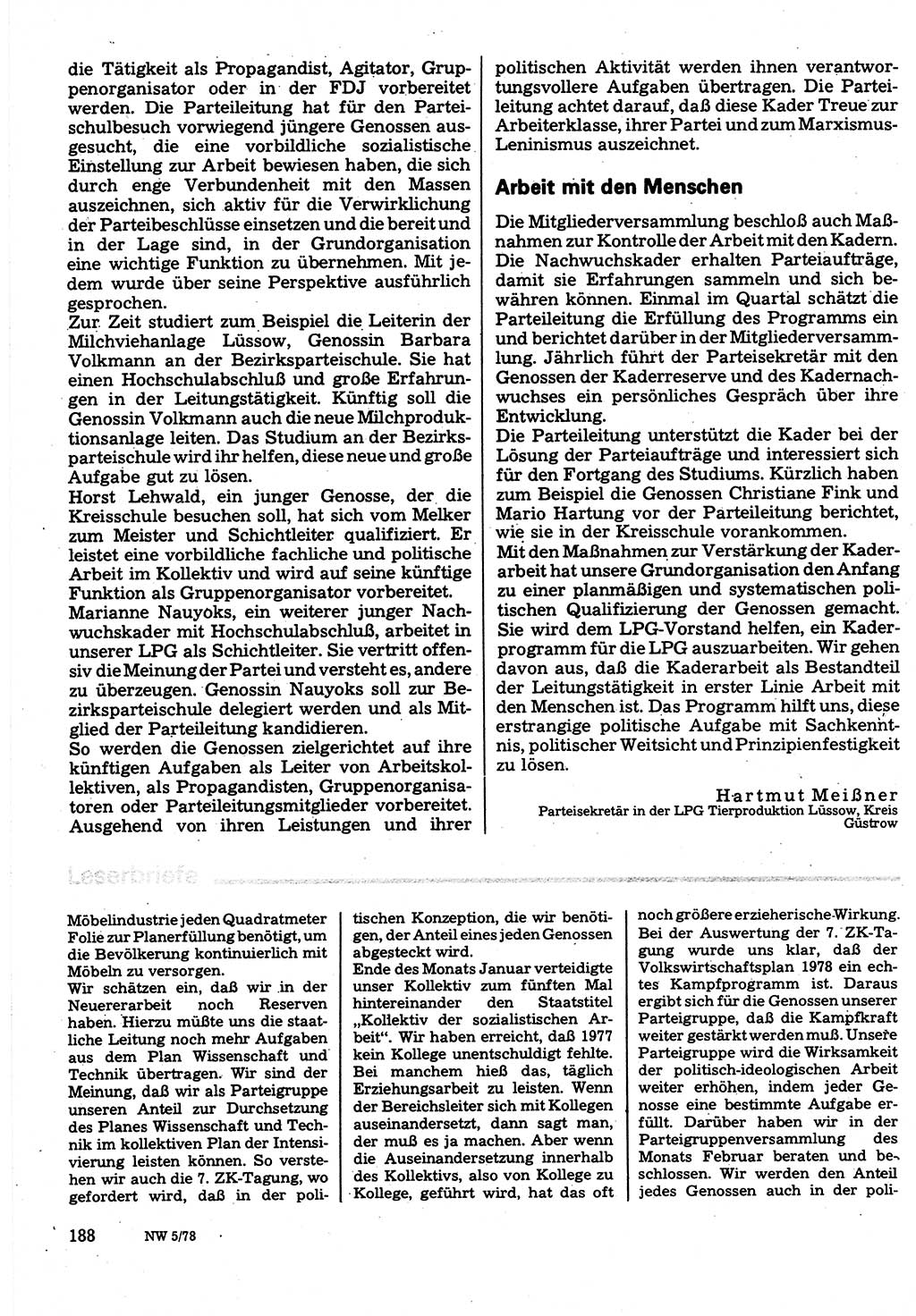 Neuer Weg (NW), Organ des Zentralkomitees (ZK) der SED (Sozialistische Einheitspartei Deutschlands) für Fragen des Parteilebens, 33. Jahrgang [Deutsche Demokratische Republik (DDR)] 1978, Seite 188 (NW ZK SED DDR 1978, S. 188)