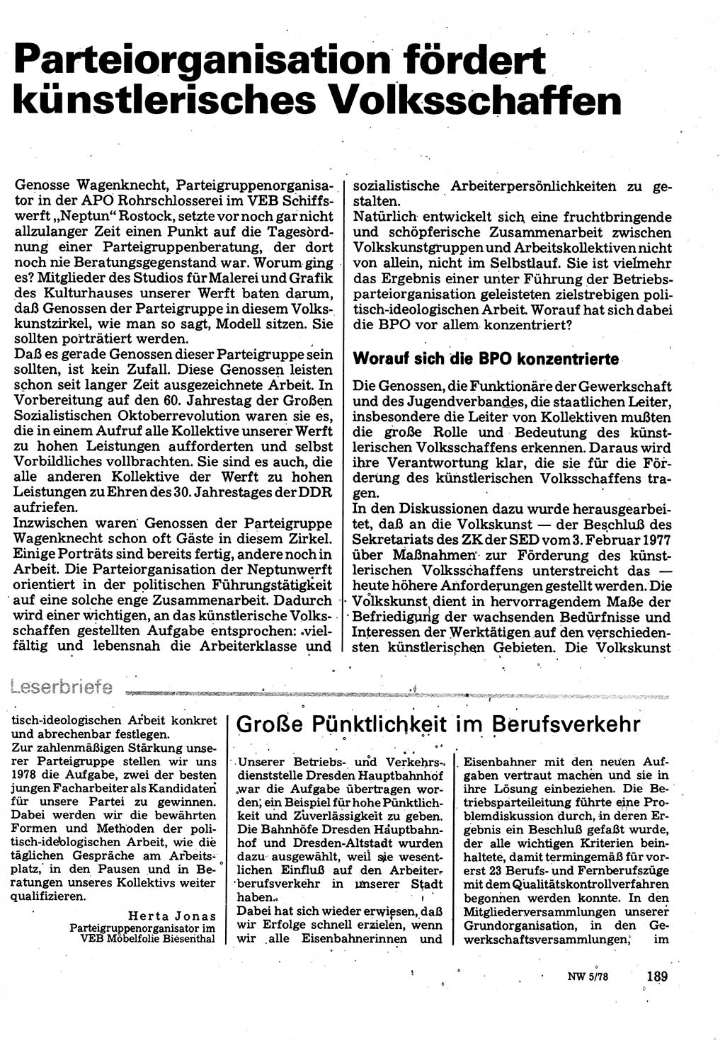 Neuer Weg (NW), Organ des Zentralkomitees (ZK) der SED (Sozialistische Einheitspartei Deutschlands) für Fragen des Parteilebens, 33. Jahrgang [Deutsche Demokratische Republik (DDR)] 1978, Seite 189 (NW ZK SED DDR 1978, S. 189)
