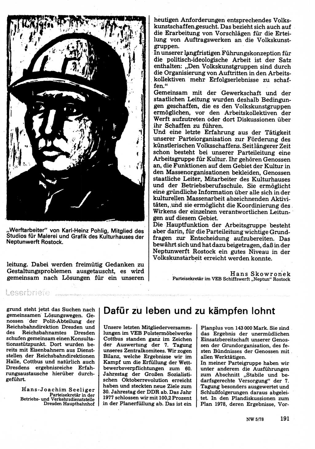 Neuer Weg (NW), Organ des Zentralkomitees (ZK) der SED (Sozialistische Einheitspartei Deutschlands) für Fragen des Parteilebens, 33. Jahrgang [Deutsche Demokratische Republik (DDR)] 1978, Seite 191 (NW ZK SED DDR 1978, S. 191)
