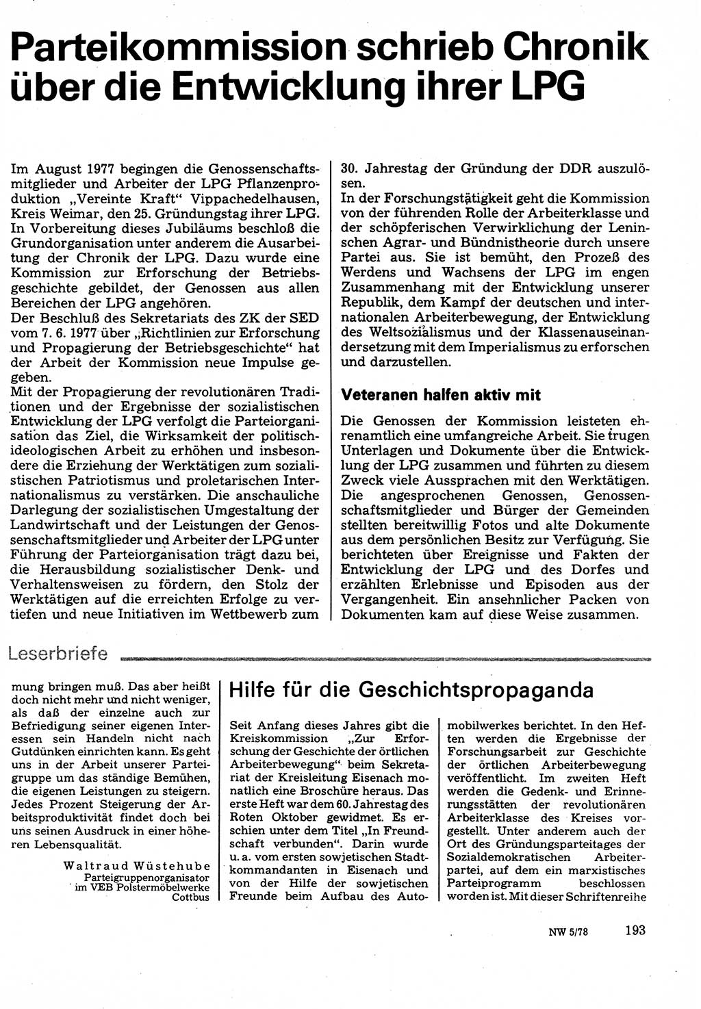 Neuer Weg (NW), Organ des Zentralkomitees (ZK) der SED (Sozialistische Einheitspartei Deutschlands) für Fragen des Parteilebens, 33. Jahrgang [Deutsche Demokratische Republik (DDR)] 1978, Seite 193 (NW ZK SED DDR 1978, S. 193)